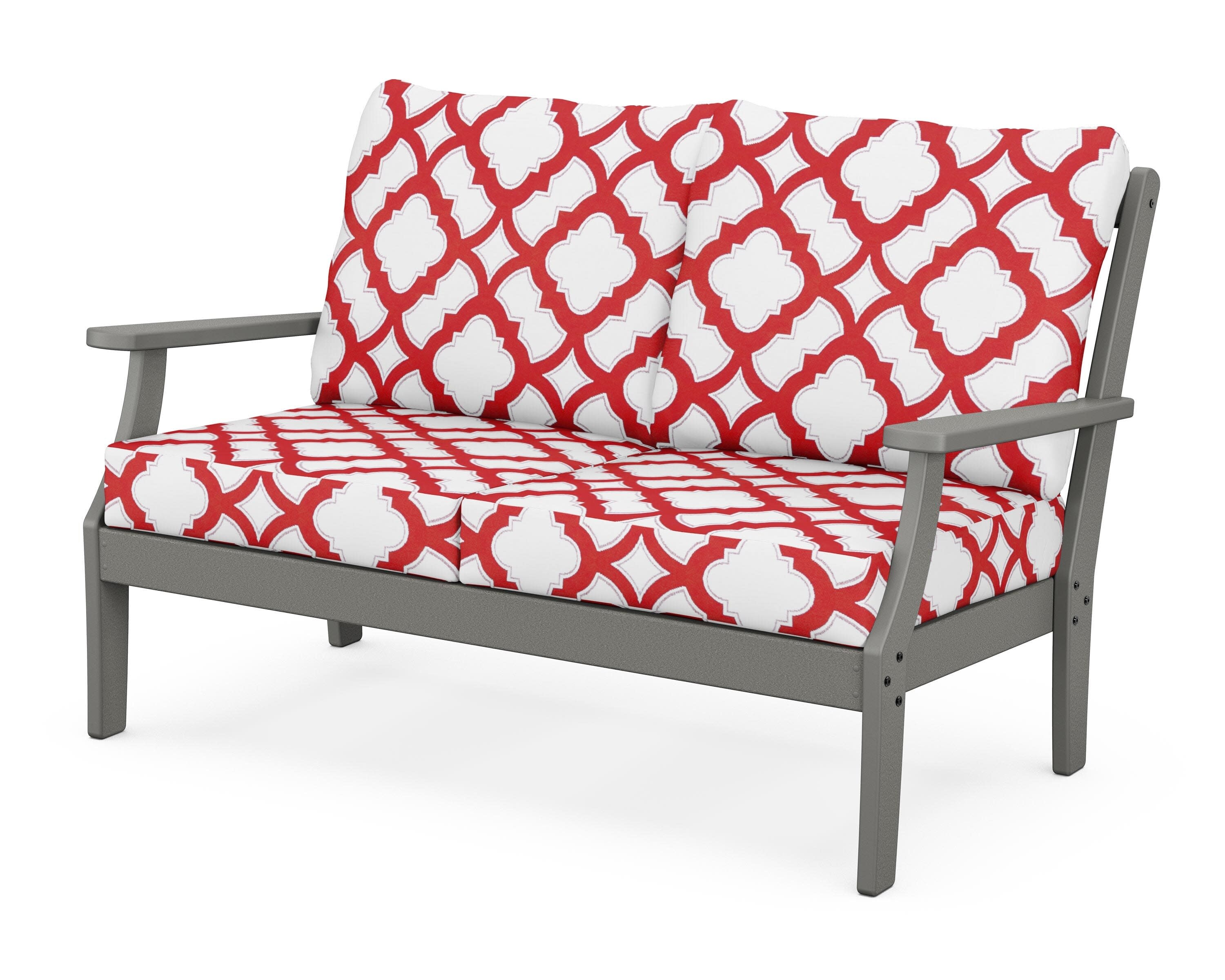 Yacht Club Deep Seating Loveseat in Stepping Stone / Trellis Crimson