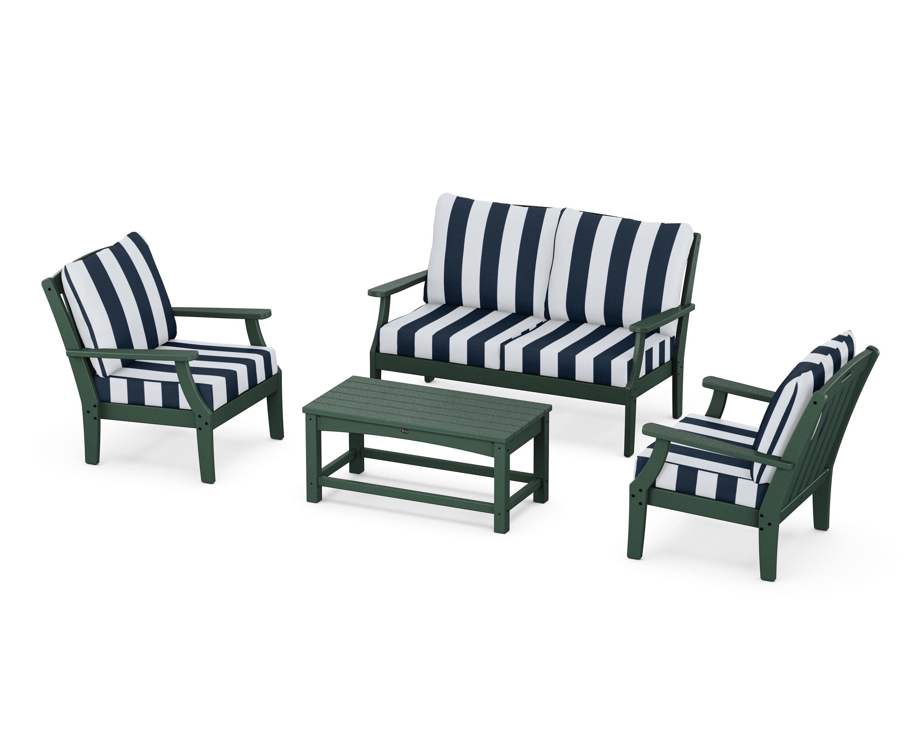 Yacht Club 4-Piece Deep Seating Chair Set in Rainforest Canopy / Cabana Stripe Marine Indigo