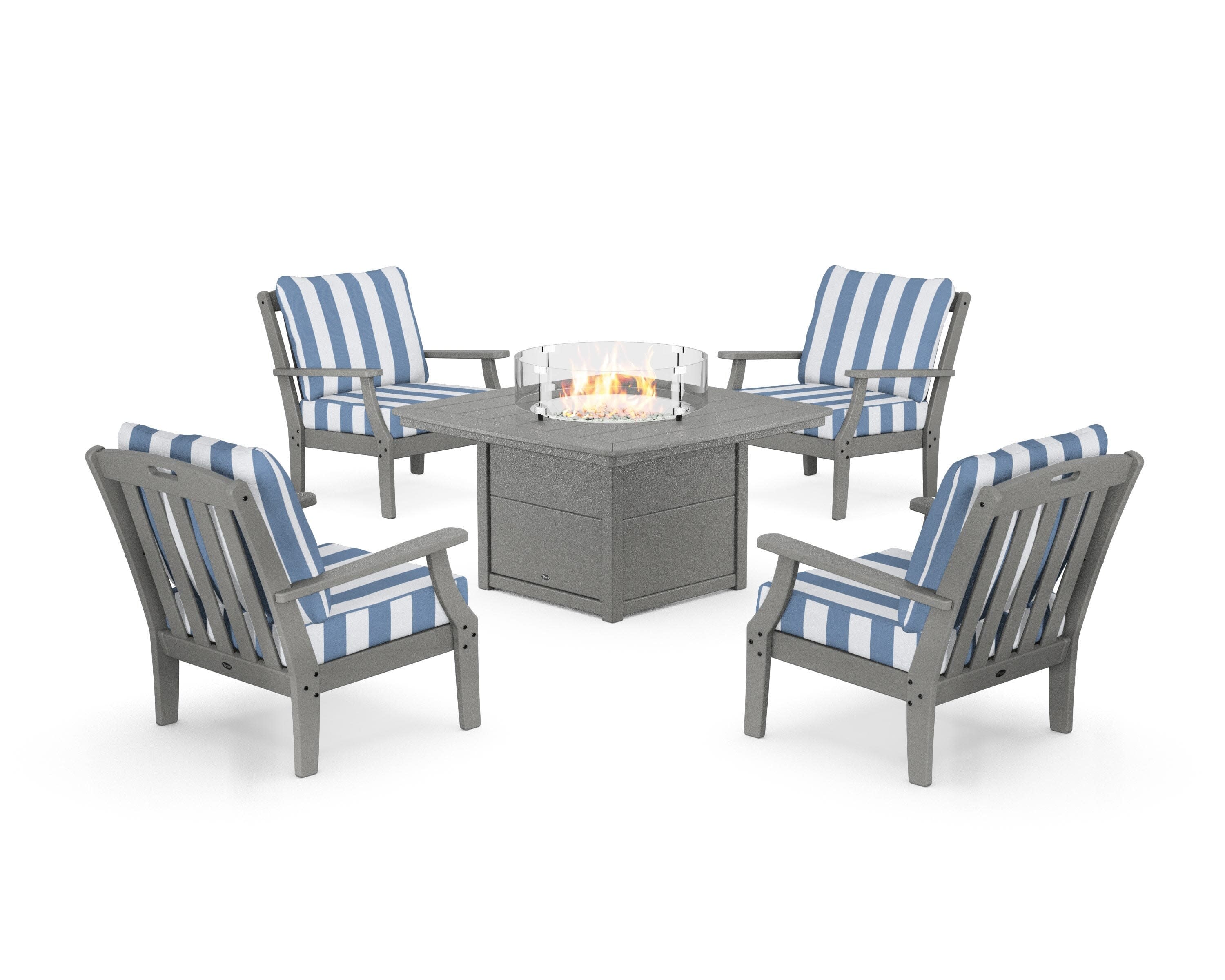 Yacht Club 5-Piece Deep Seating Set with Fire Pit Table in Stepping Stone / Cabana Stripe Sky Blue