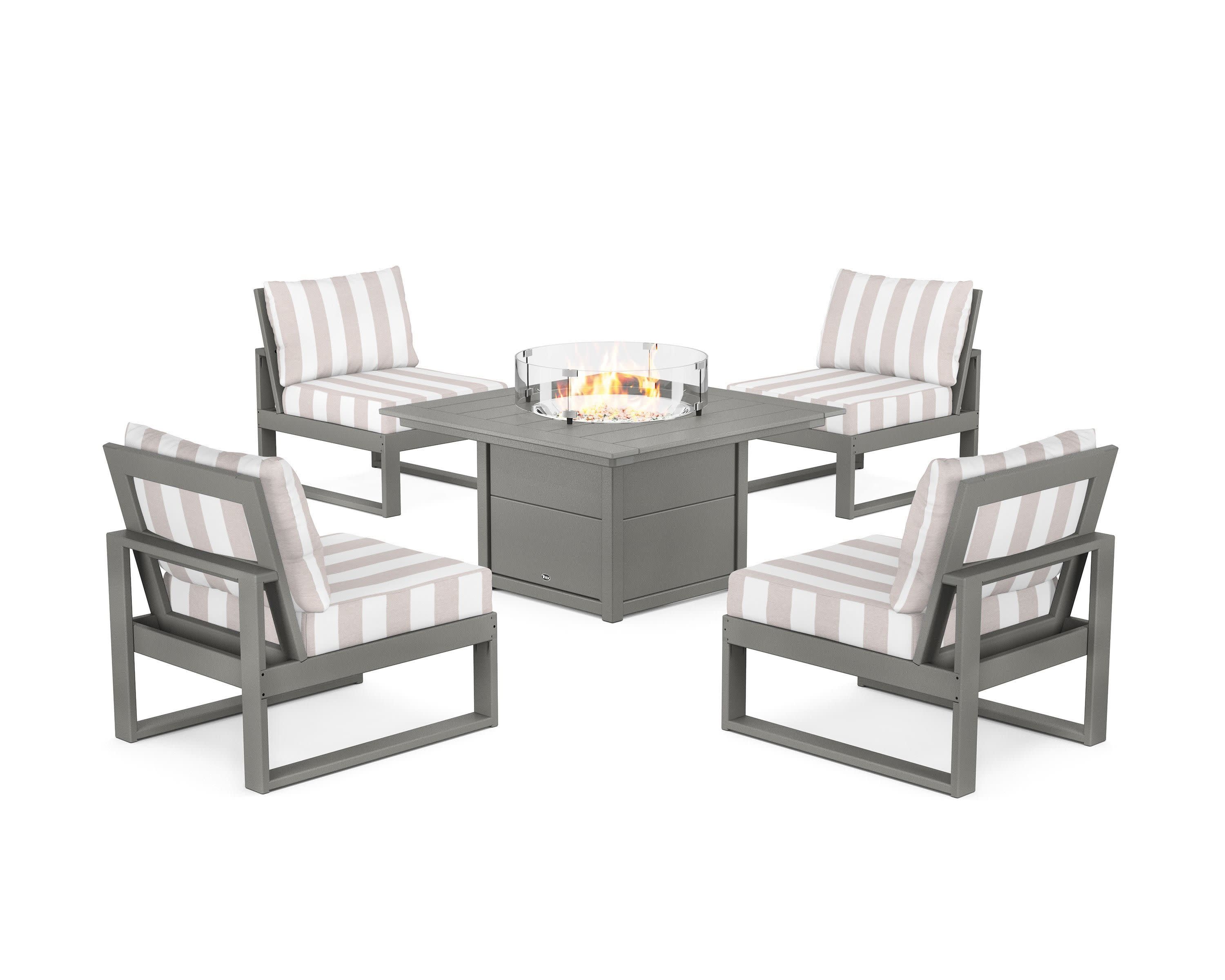 Eastport Modular 5-Piece Deep Seating Set with Square Fire Pit Table in Stepping Stone / Cabana Stripe Dune Burlap