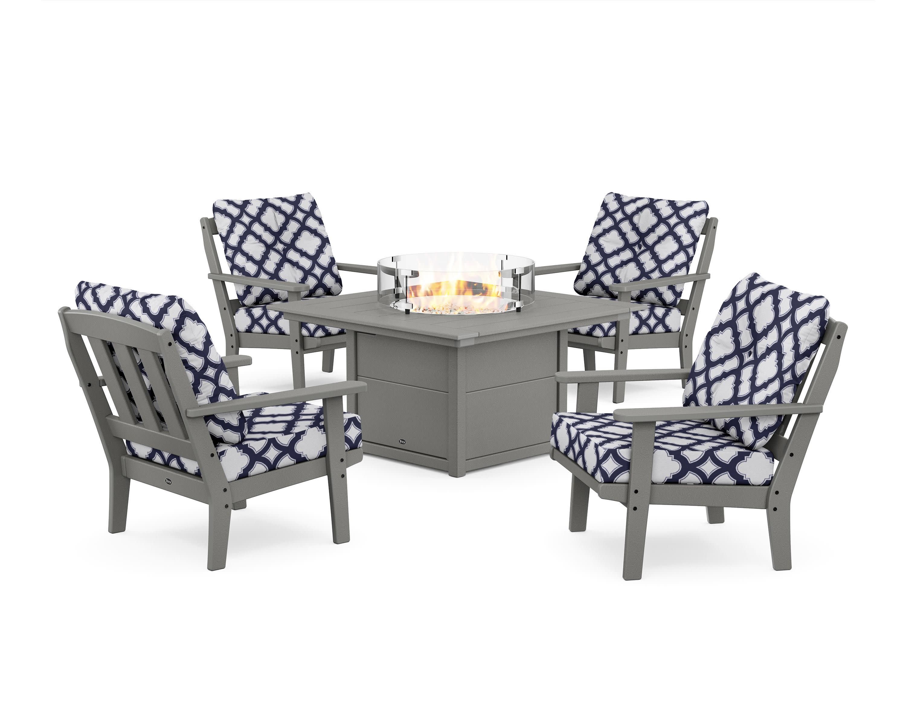 Cape Cod 5-Piece Deep Seating Set with Fire Pit Table in Stepping Stone / Trellis Navy