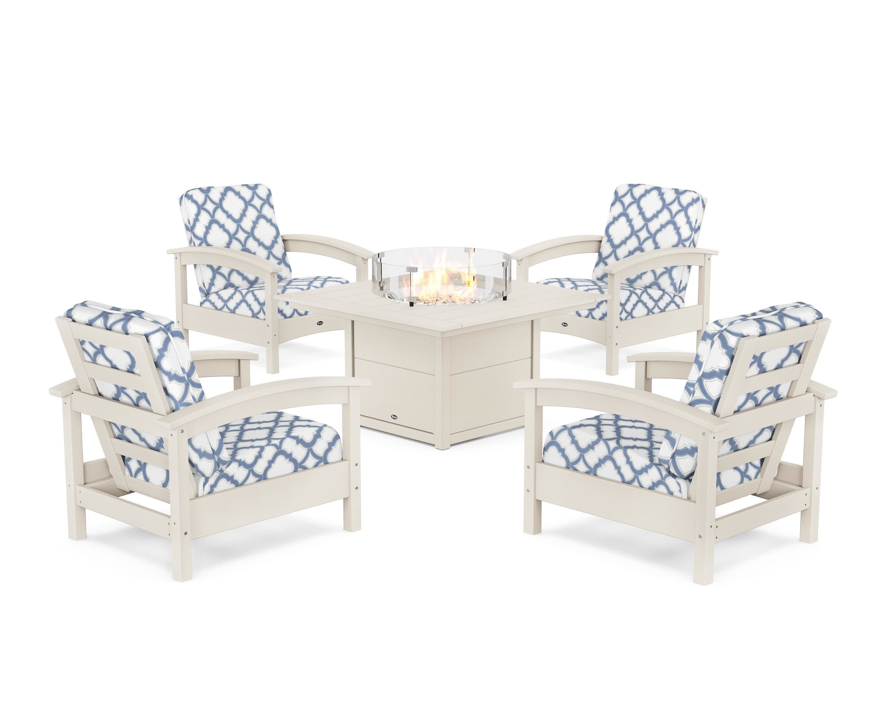 Rockport 5-Piece Deep Seating Set with Square Fire Pit Table in Sand Castle / Trellis Sky Blue