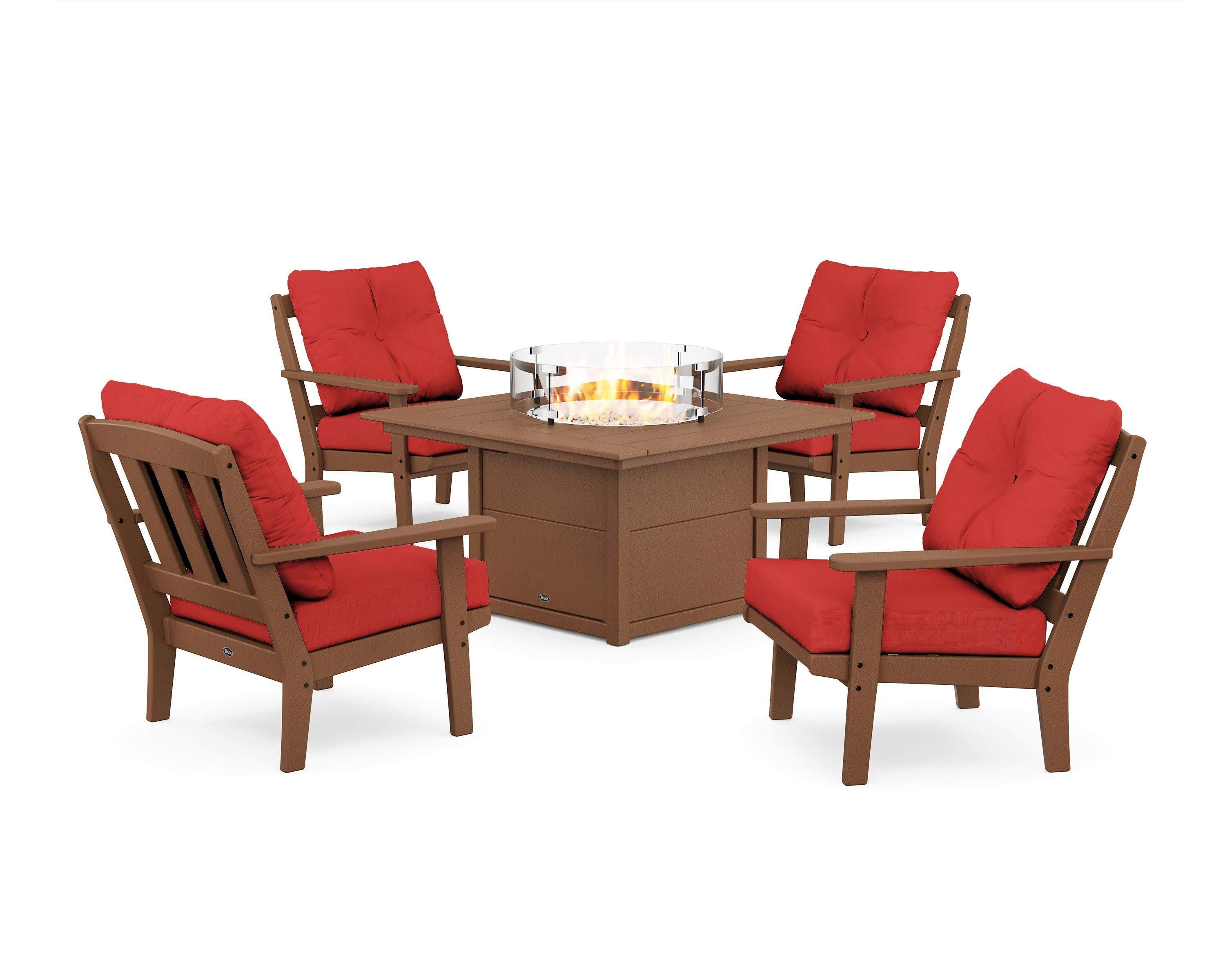 Cape Cod 5-Piece Deep Seating Set with Fire Pit Table in Tree House / Crimson Linen