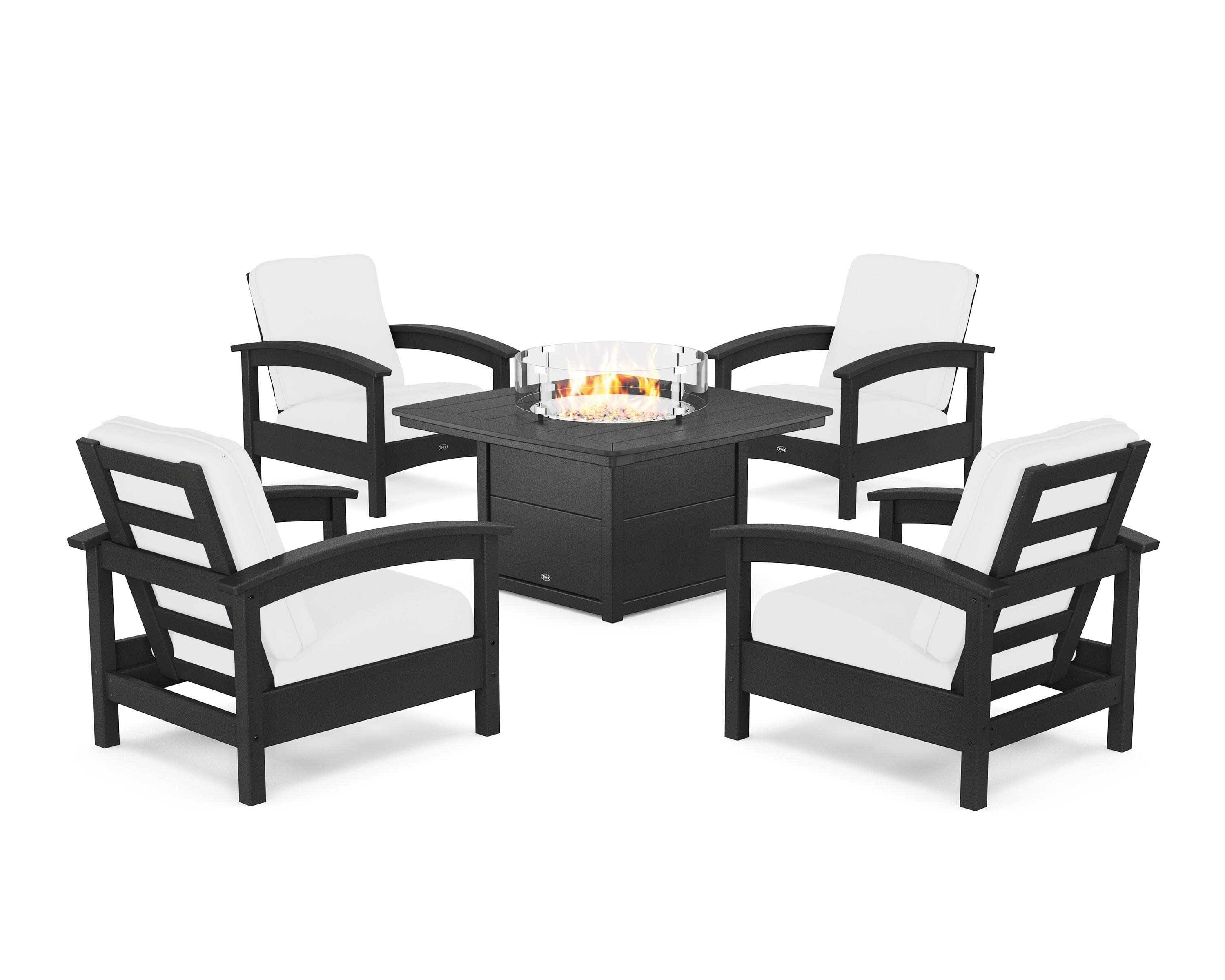 Rockport 5-Piece Deep Seating Set with Yacht Club Fire Pit Table in Charcoal Black / Natural
