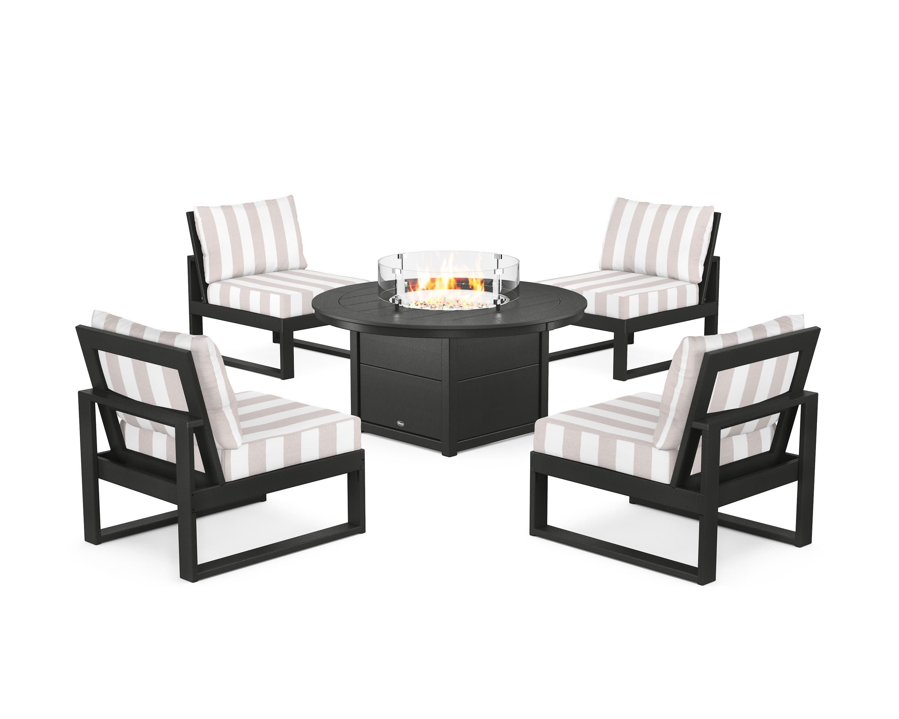 Eastport Modular 5-Piece Deep Seating Set with Round Fire Pit Table in Charcoal Black / Cabana Stripe Dune Burlap