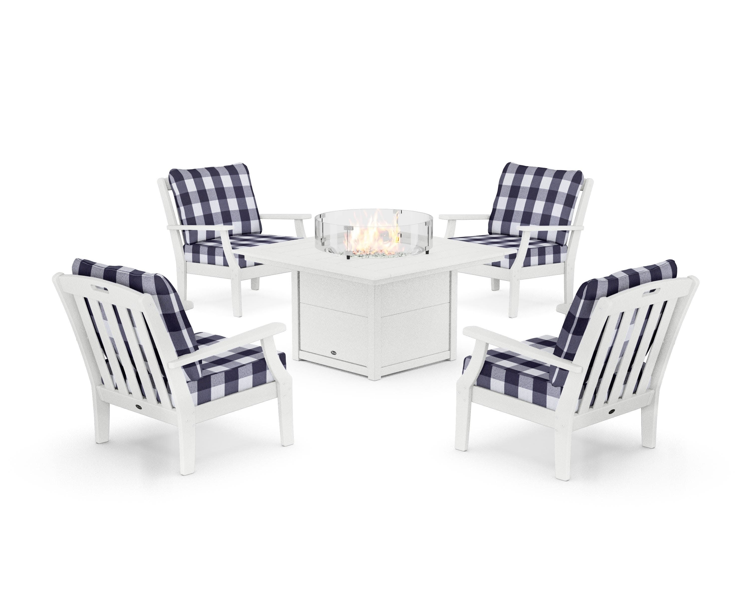 Yacht Club 5-Piece Deep Seating Set with Square Fire Pit Table in Classic White / Buffalo Plaid Navy