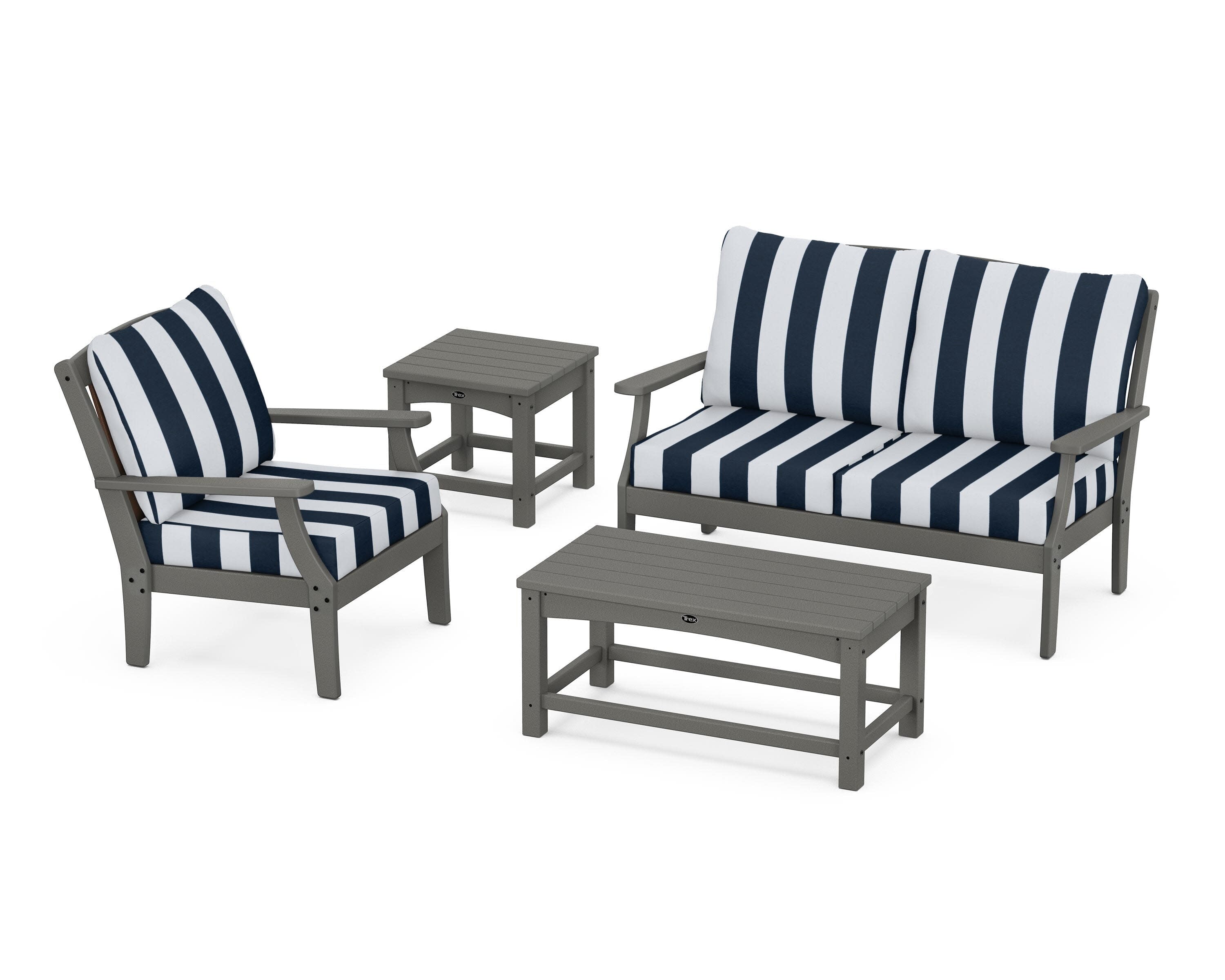 Yacht Club 4-Piece Deep Seating Set in Stepping Stone / Cabana Stripe Marine Indigo