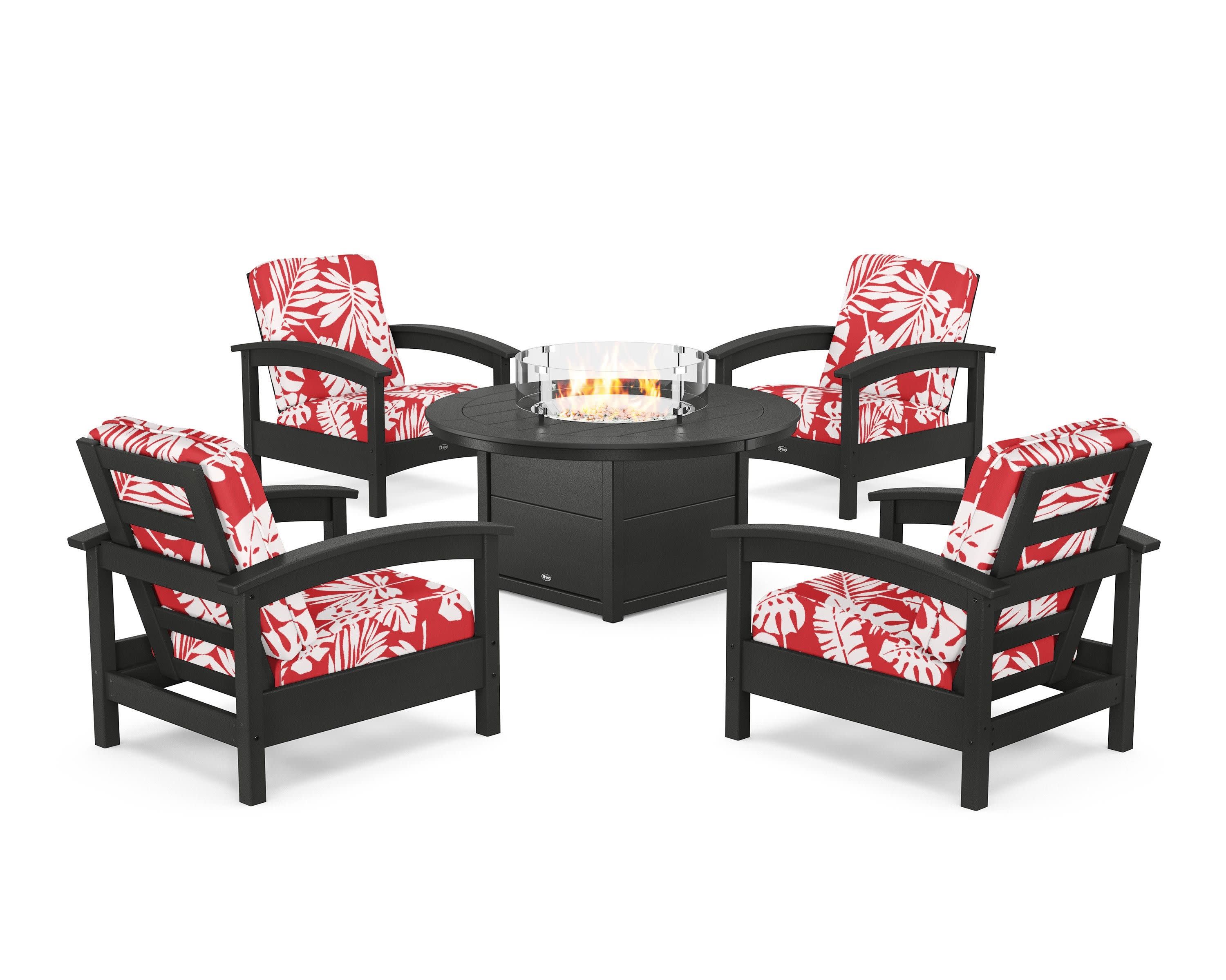 Rockport 5-Piece Deep Seating Set with Round Fire Pit Table in Charcoal Black / Leaf Crimson