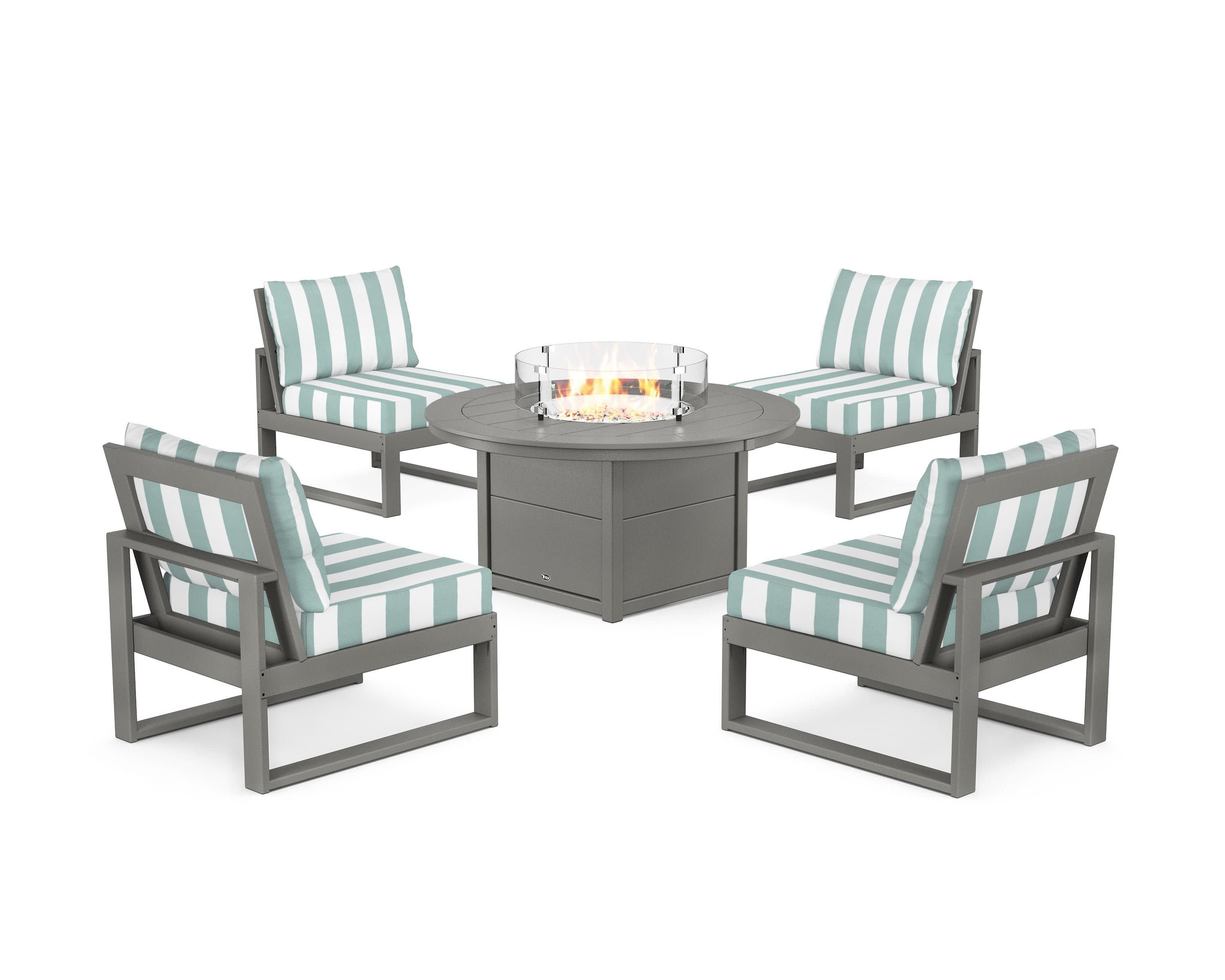 Eastport Modular 5-Piece Deep Seating Set with Round Fire Pit Table in Stepping Stone / Cabana Stripe Glacier Spa