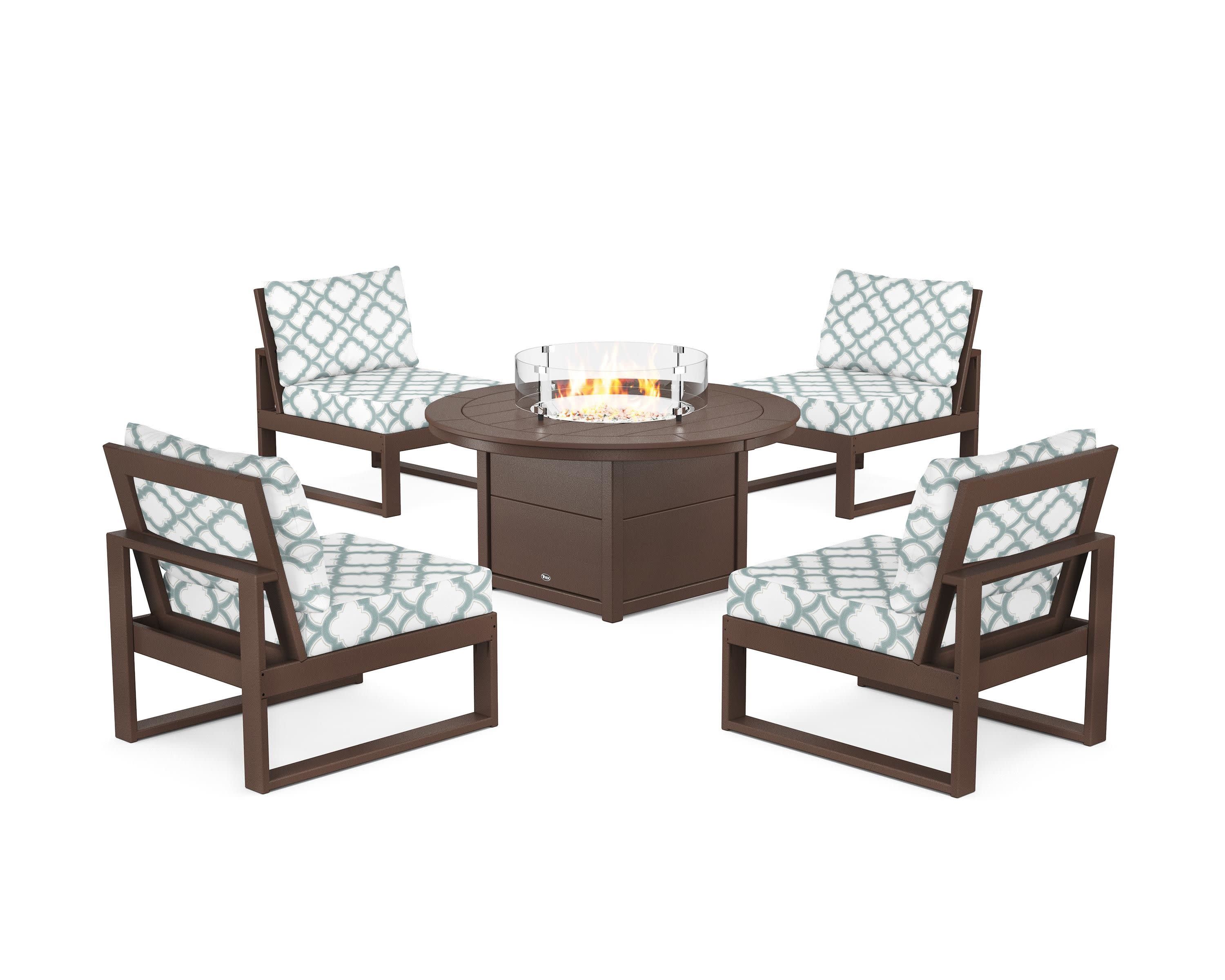 Eastport Modular 5-Piece Deep Seating Set with Round Fire Pit Table in Vintage Lantern / Trellis Glacier Spa