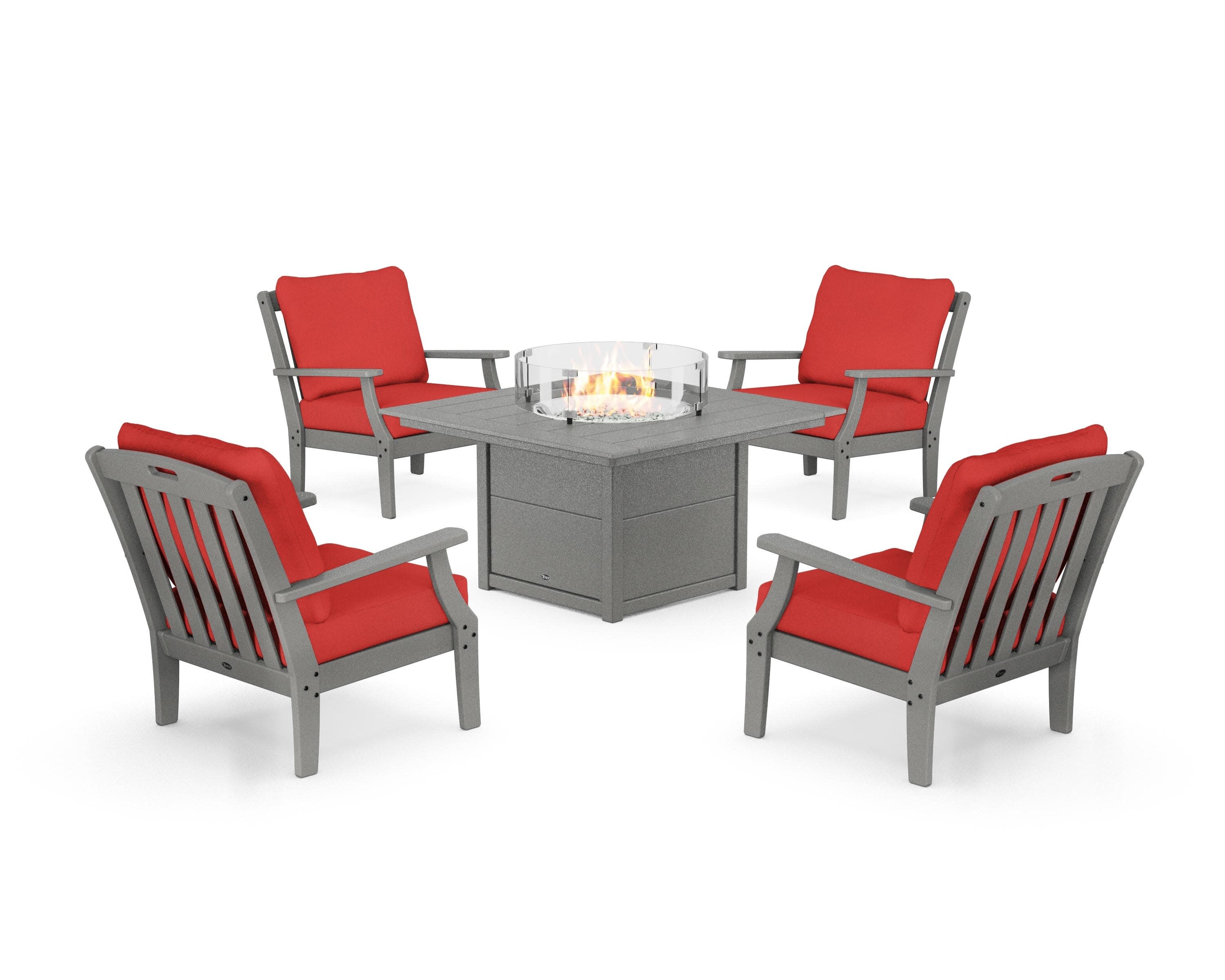 Yacht Club 5-Piece Deep Seating Set with Square Fire Pit Table in Stepping Stone / Crimson Linen