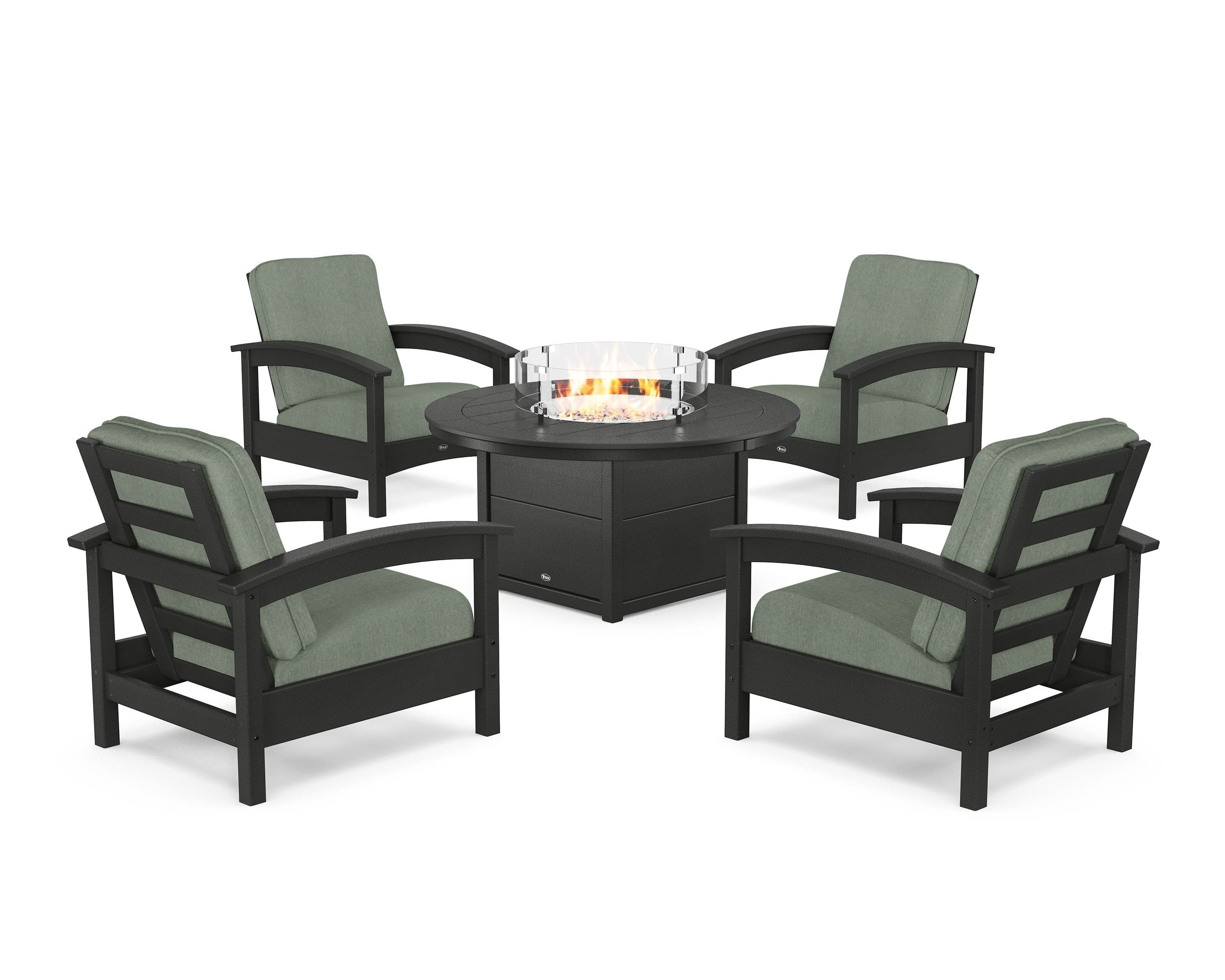 Rockport 5-Piece Deep Seating Set with Round Fire Pit Table in Charcoal Black / Cast Sage