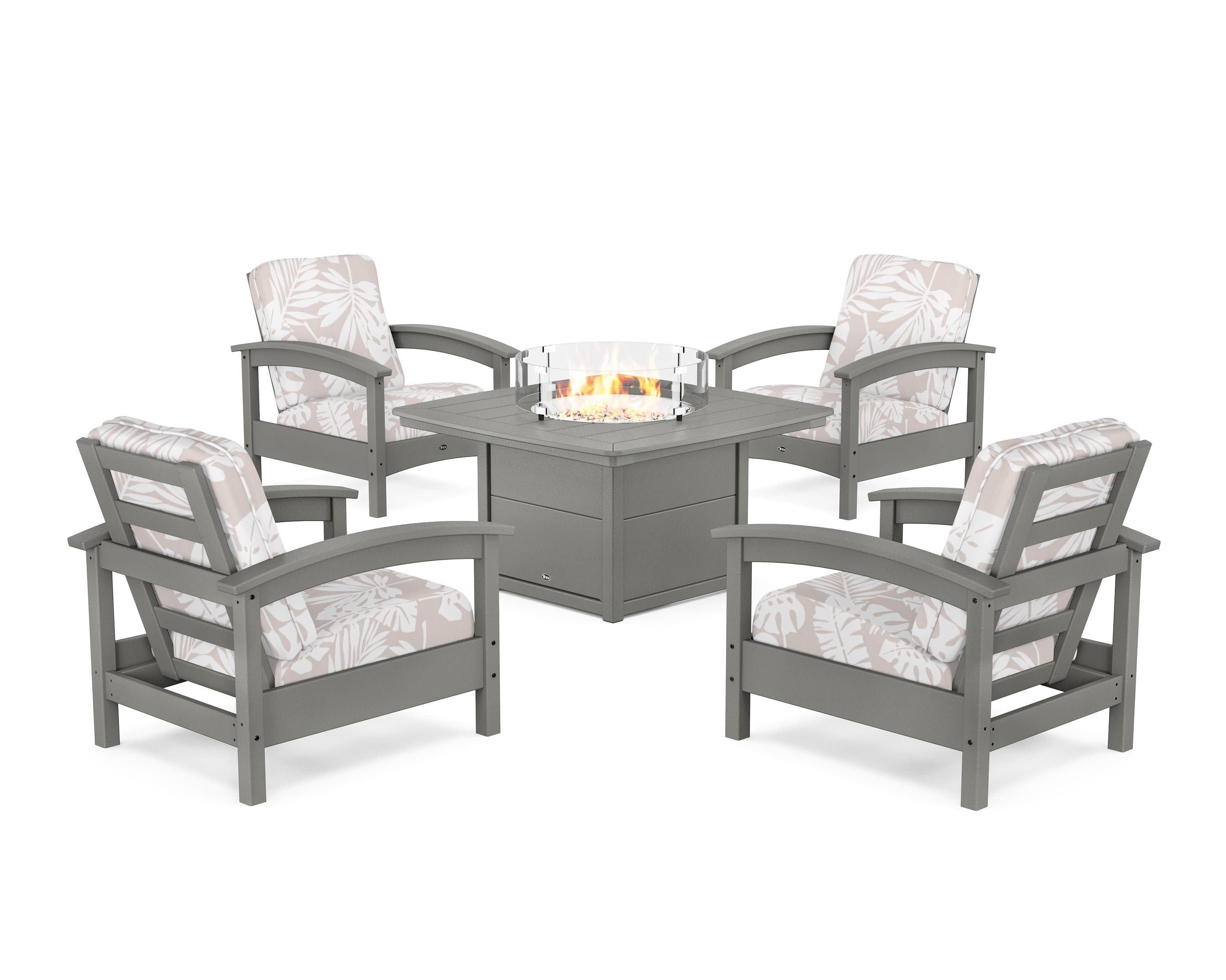 Rockport 5-Piece Deep Seating Set with Yacht Club Fire Pit Table in Stepping Stone / Leaf Dune Burlap