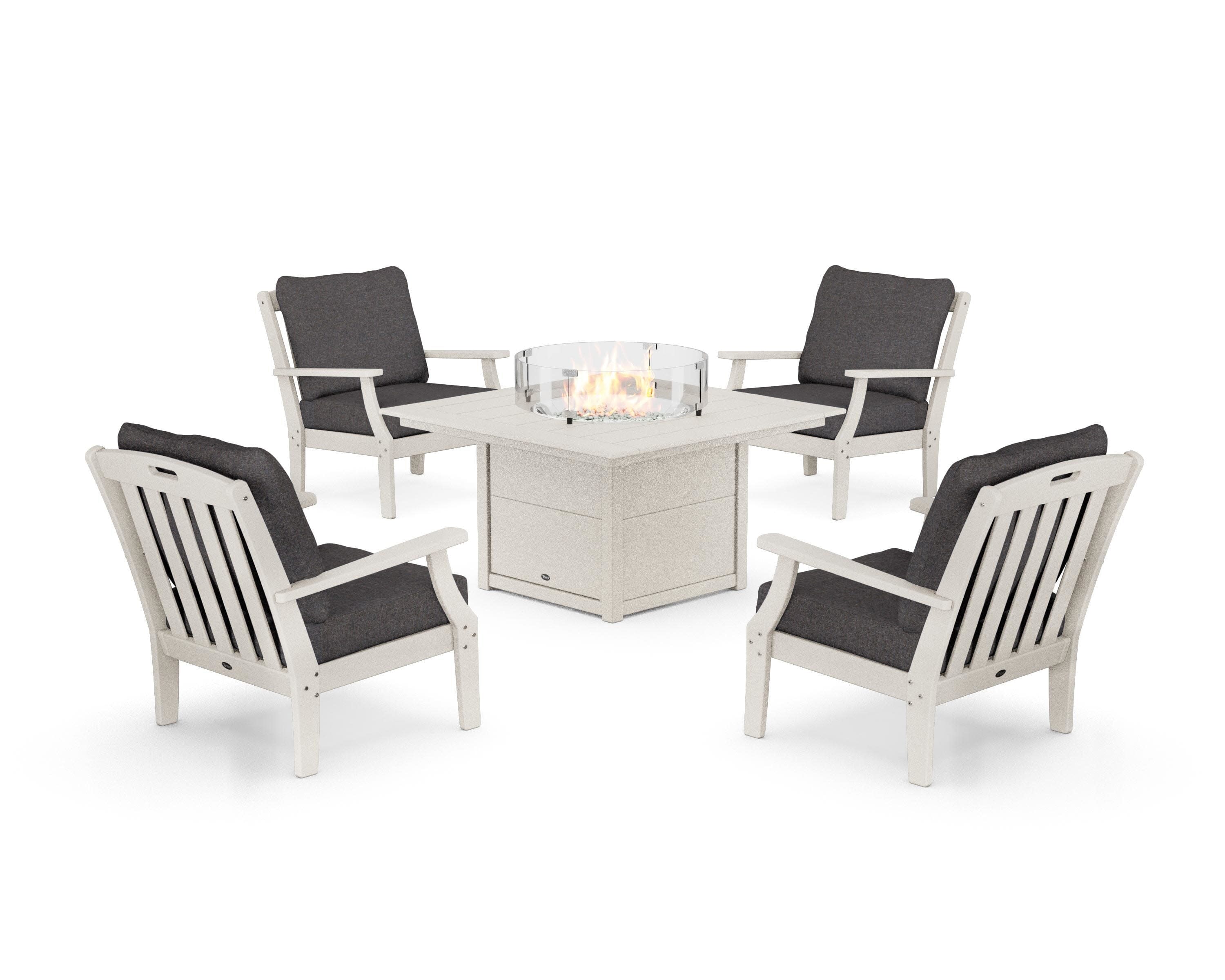 Yacht Club 5-Piece Deep Seating Set with Square Fire Pit Table in Sand Castle / Ash Charcoal