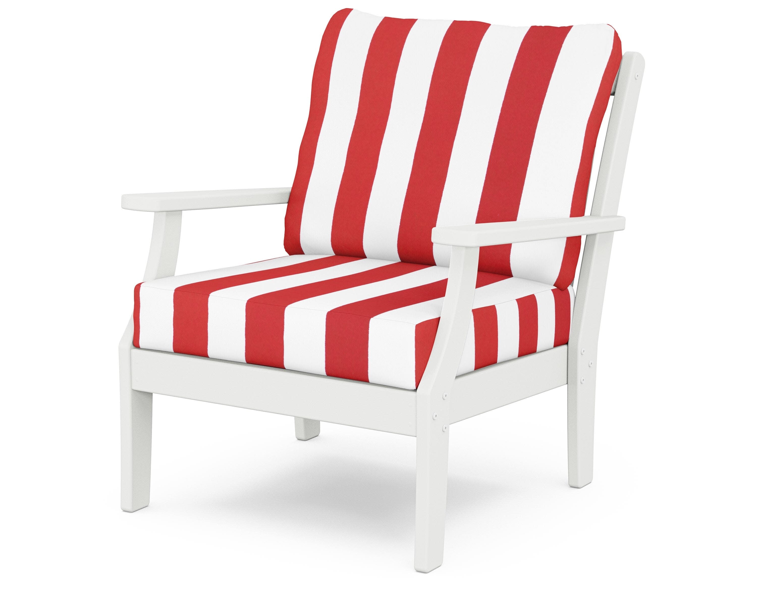 Yacht Club Deep Seating Chair in Classic White / Cabana Stripe Crimson