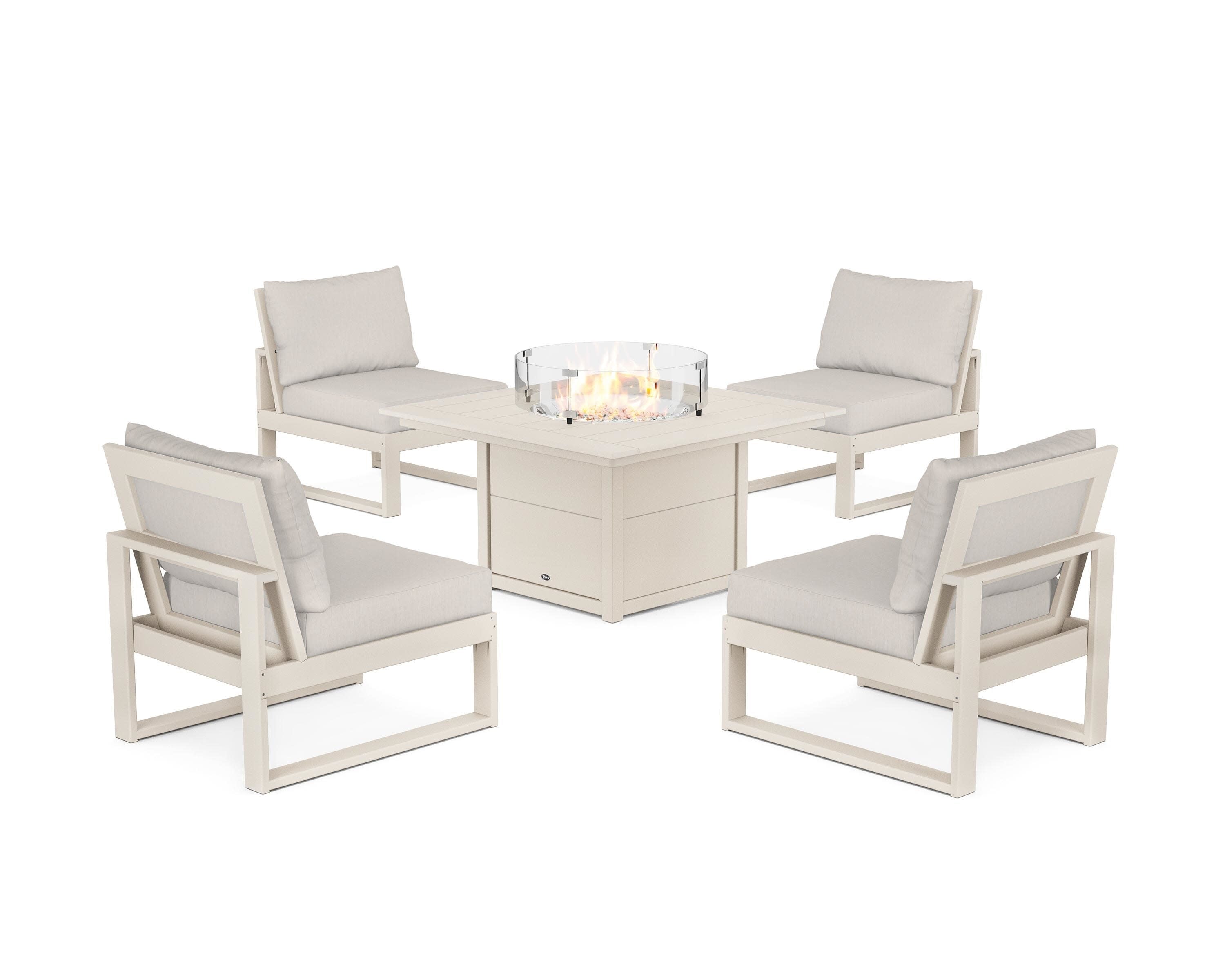 Eastport Modular 5-Piece Deep Seating Set with Square Fire Pit Table in Sand Castle / Cast Ash