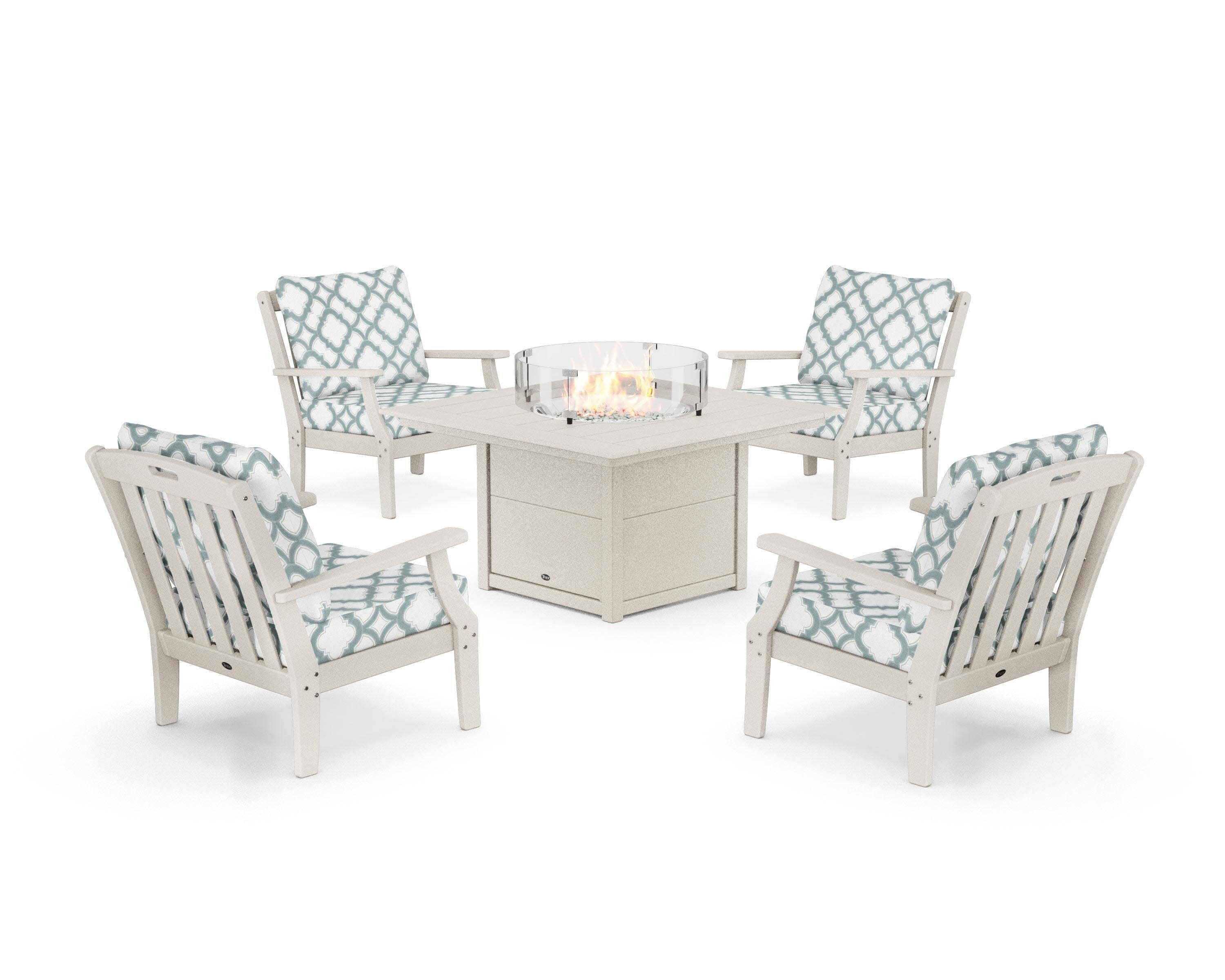Yacht Club 5-Piece Deep Seating Set with Square Fire Pit Table in Sand Castle / Trellis Glacier Spa