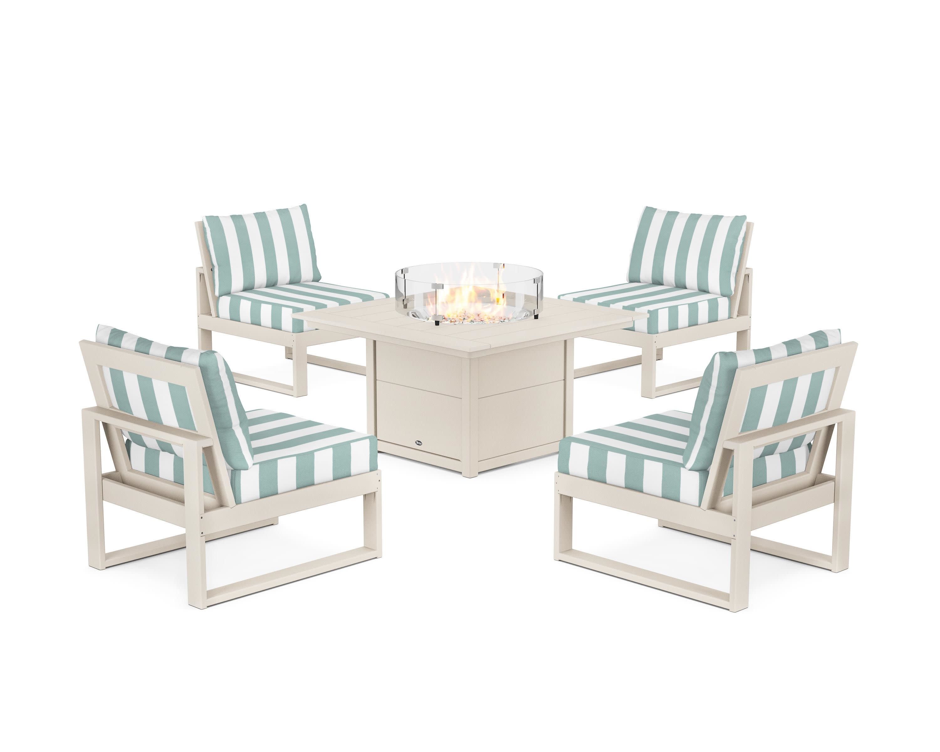 Eastport Modular 5-Piece Deep Seating Set with Square Fire Pit Table in Sand Castle / Cabana Stripe Glacier Spa