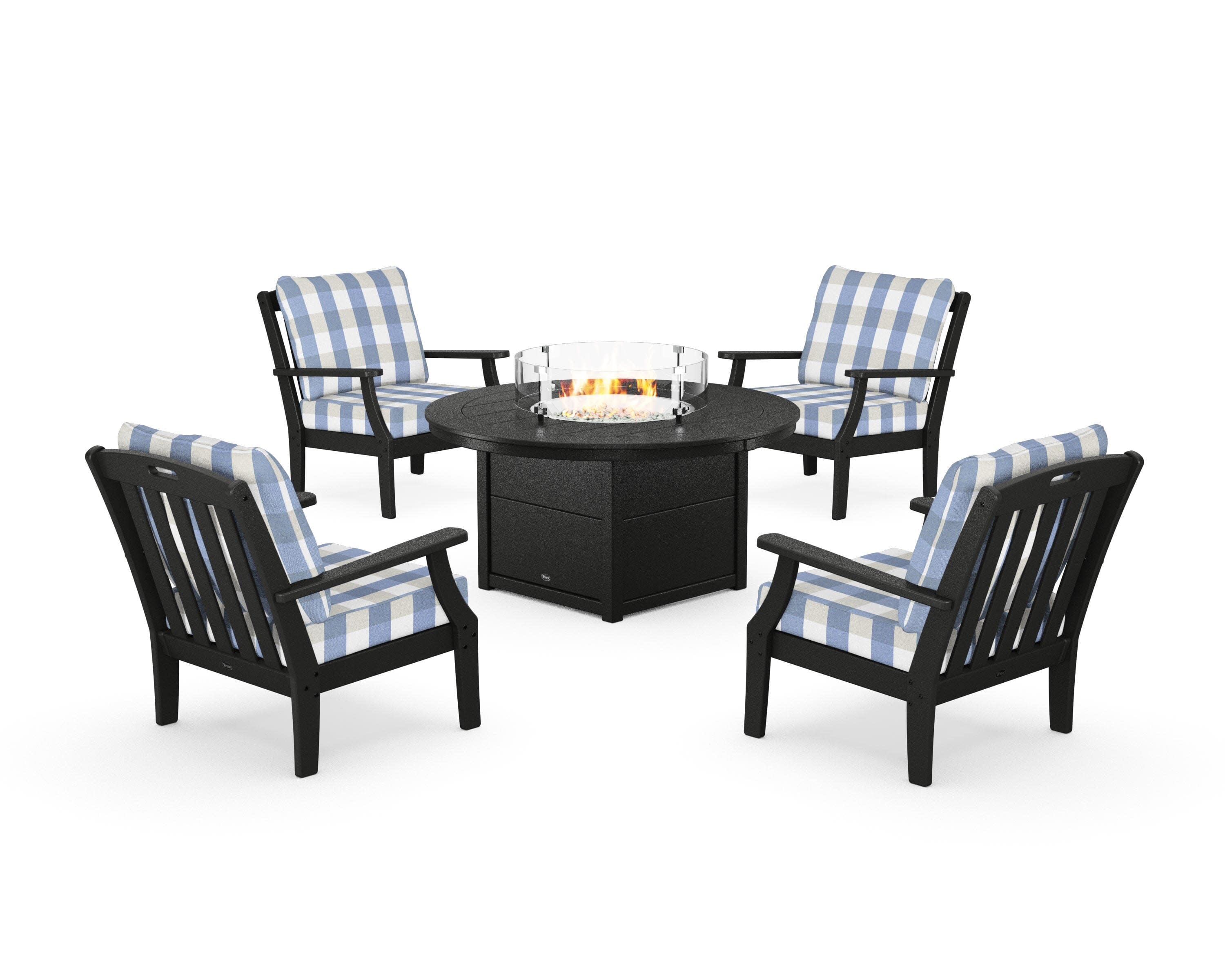 Yacht Club 5-Piece Deep Seating Set with Round Fire Pit Table in Charcoal Black / Buffalo Plaid Sky Blue