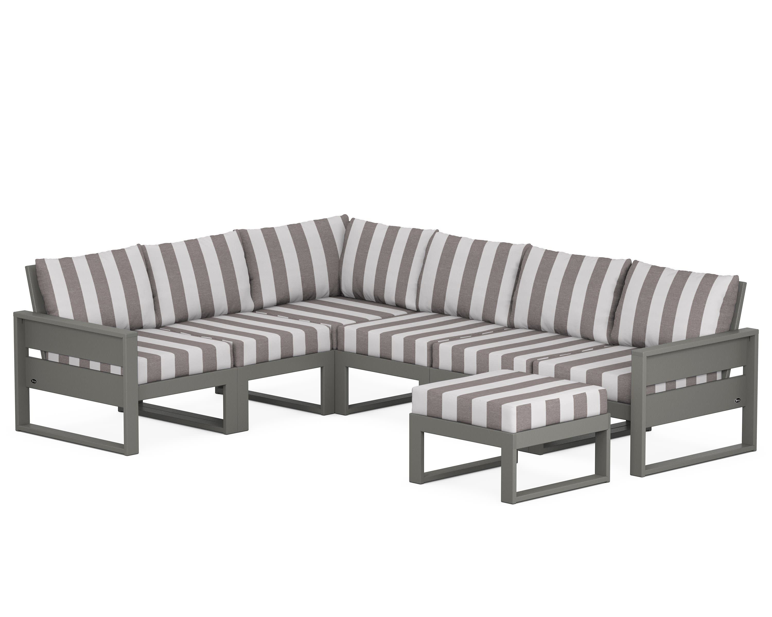 Eastport 6-Piece Sectional with Ottoman in Stepping Stone / Cabana Stripe Grey Mist