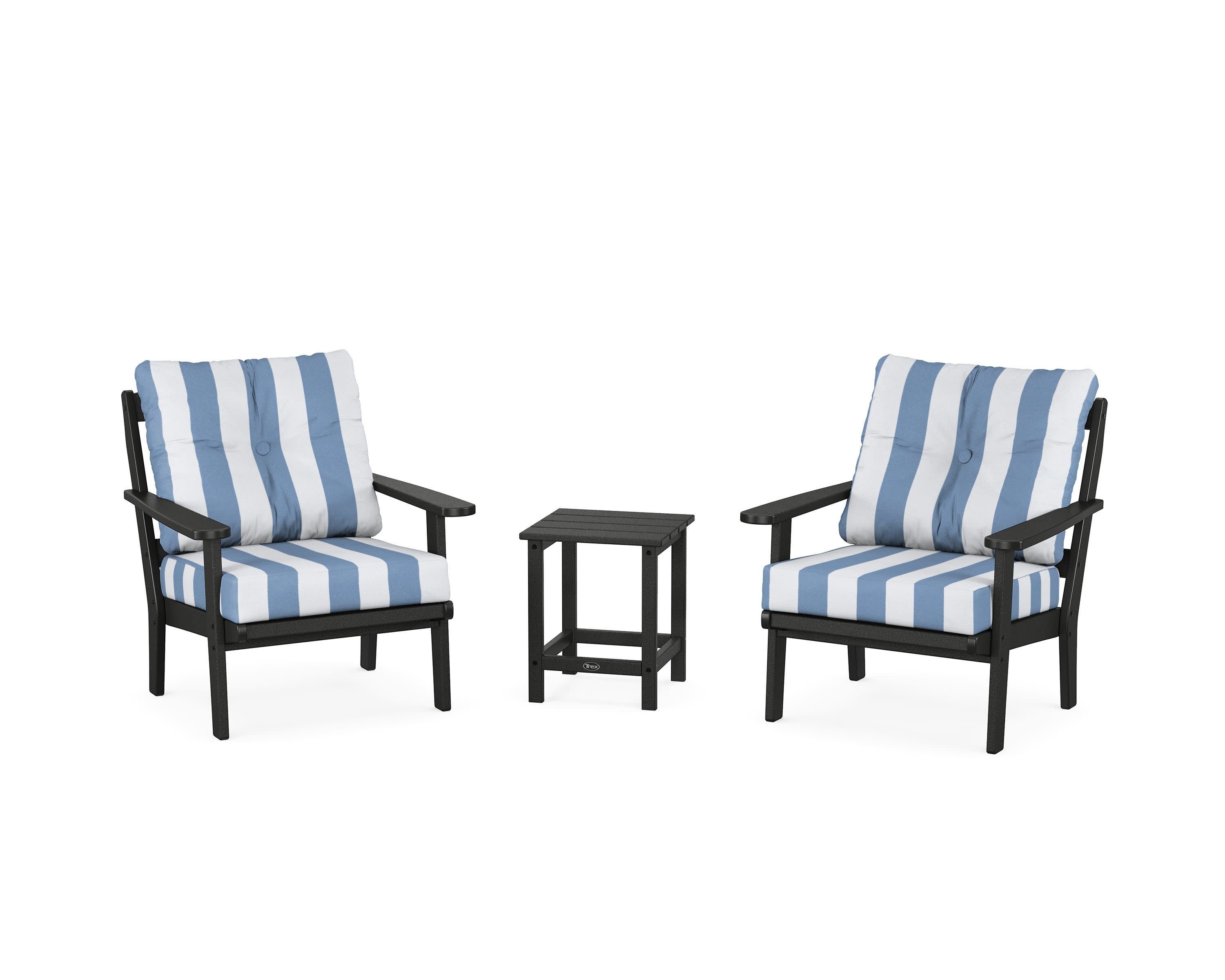 Cape Cod 3-Piece Deep Seating Set in Charcoal Black / Cabana Stripe Sky Blue