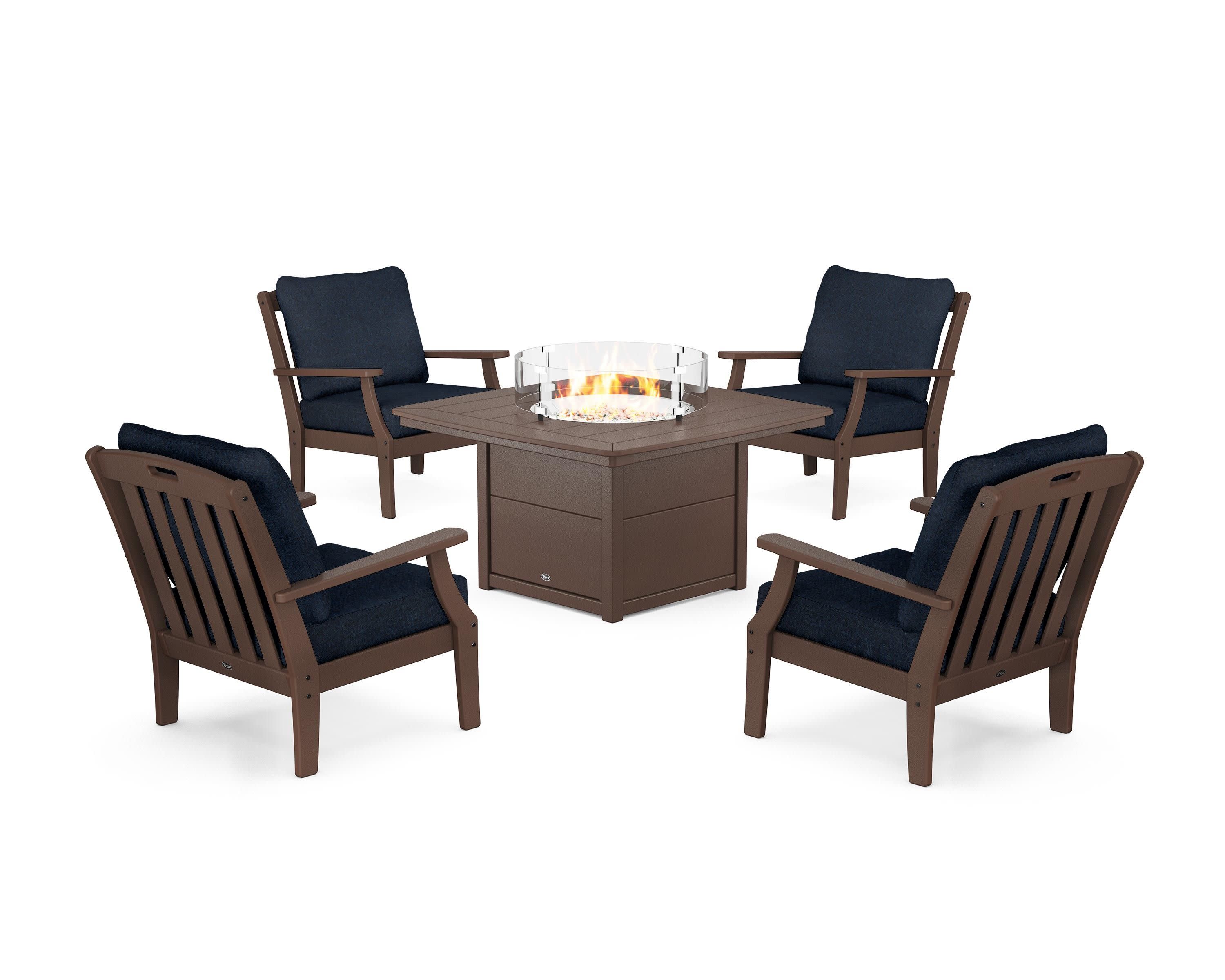 Yacht Club 5-Piece Deep Seating Set with Fire Pit Table in Vintage Lantern / Marine Indigo