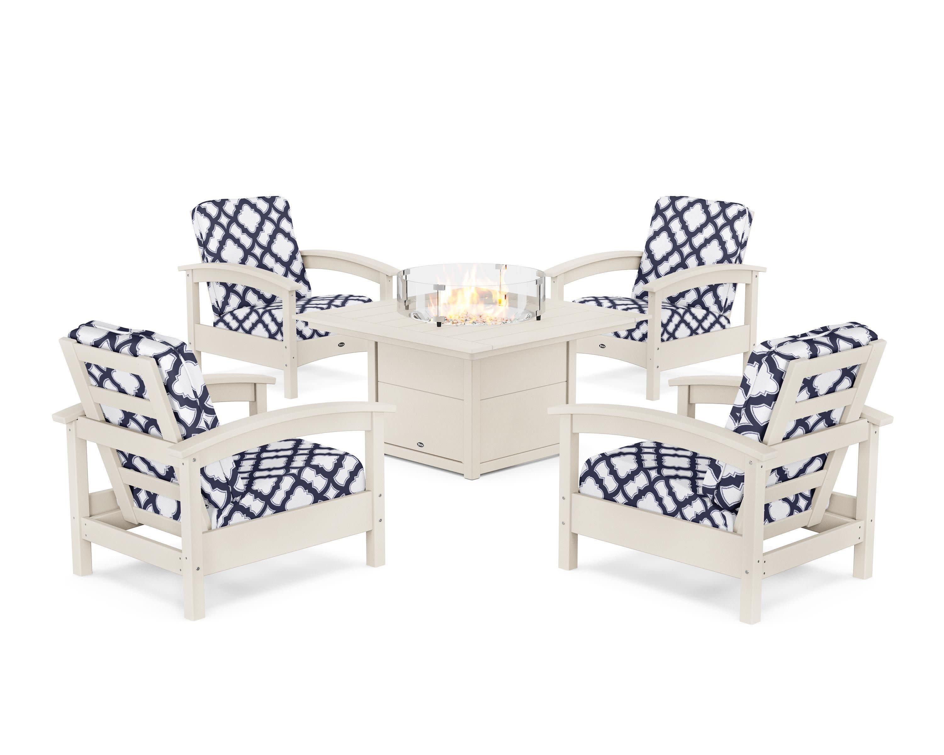 Rockport 5-Piece Deep Seating Set with Square Fire Pit Table in Sand Castle / Trellis Navy