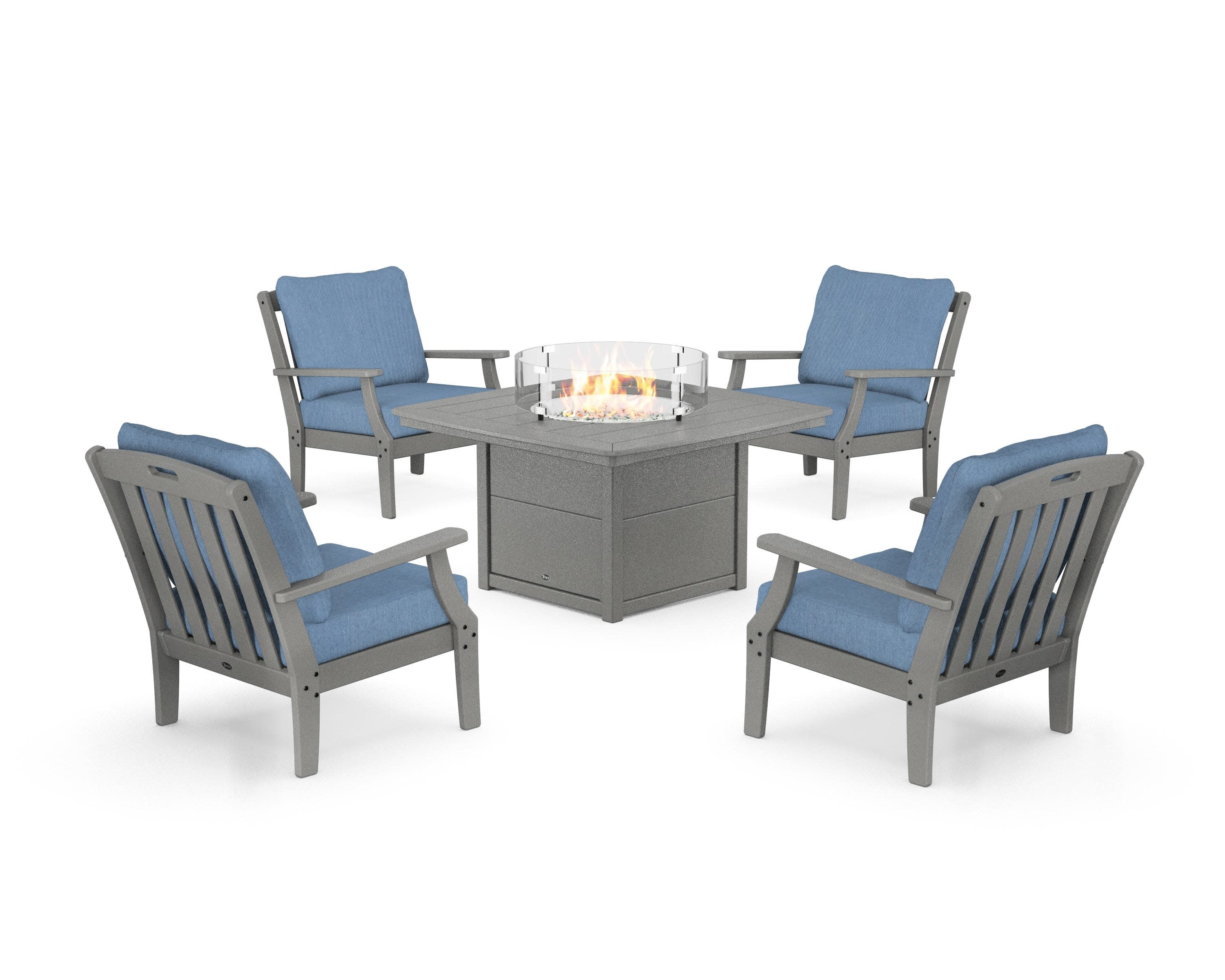 Yacht Club 5-Piece Deep Seating Set with Fire Pit Table in Stepping Stone / Sky Blue