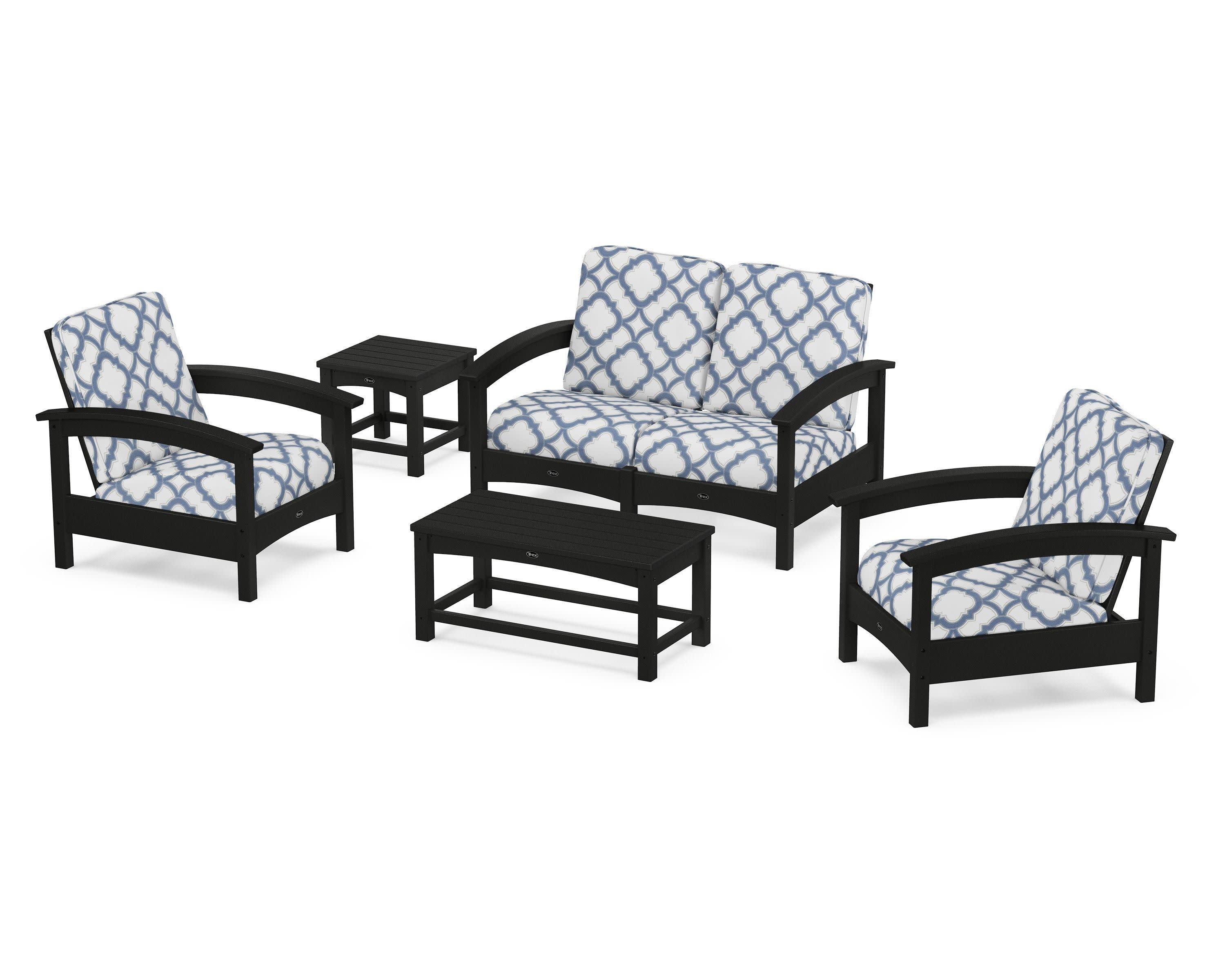 Rockport Club 6-Piece Deep Seating Conversation Set in Charcoal Black / Trellis Sky Blue