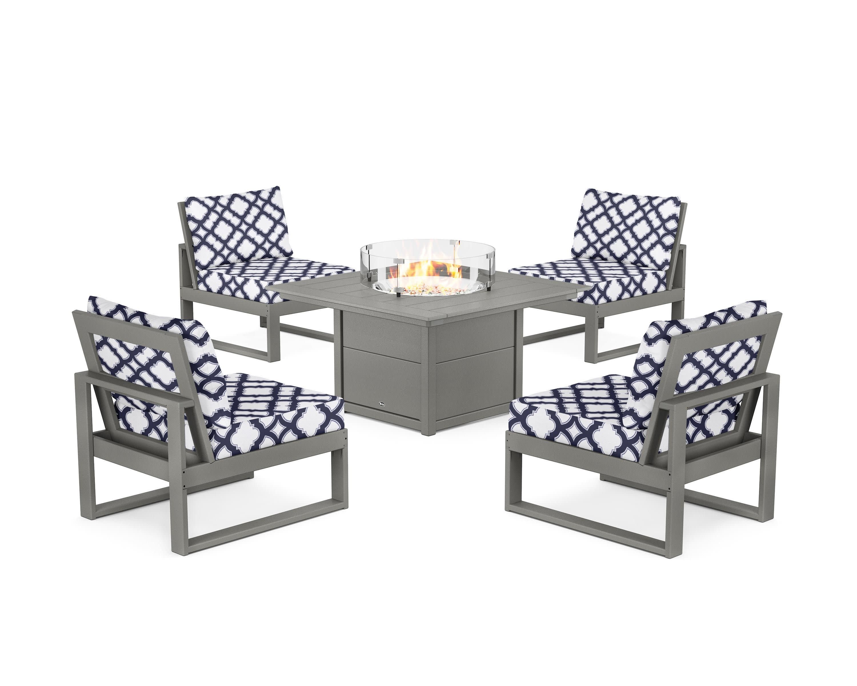Eastport Modular 5-Piece Deep Seating Set with Square Fire Pit Table in Stepping Stone / Trellis Navy