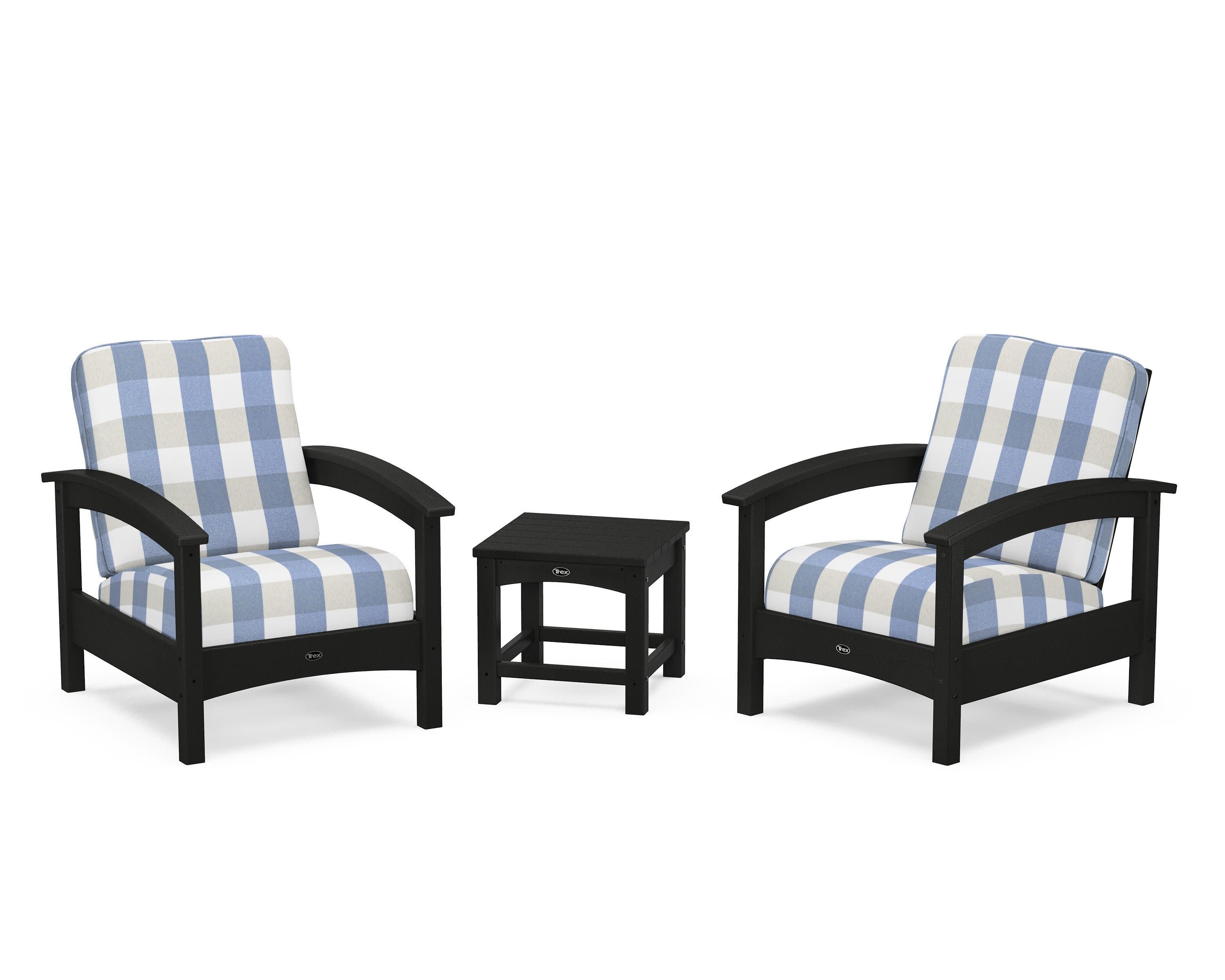Rockport Club 3-Piece Deep Seating Conversation Set in Charcoal Black / Buffalo Plaid Sky Blue