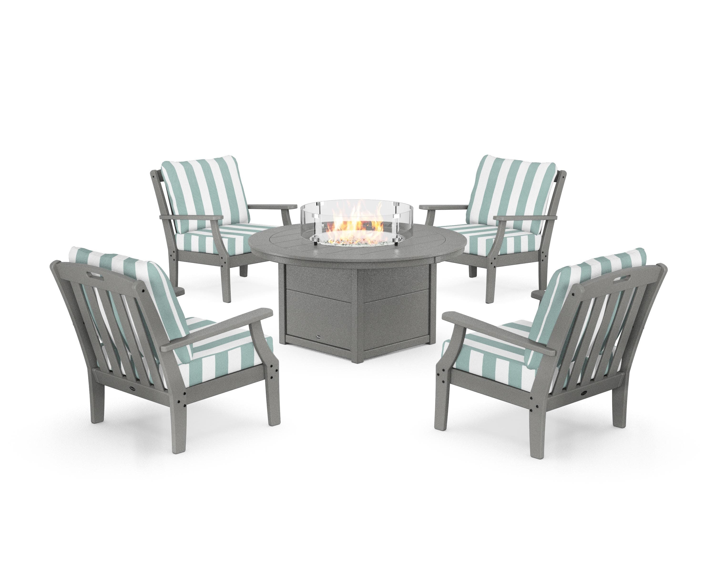 Yacht Club 5-Piece Deep Seating Set with Round Fire Pit Table in Stepping Stone / Cabana Stripe Glacier Spa