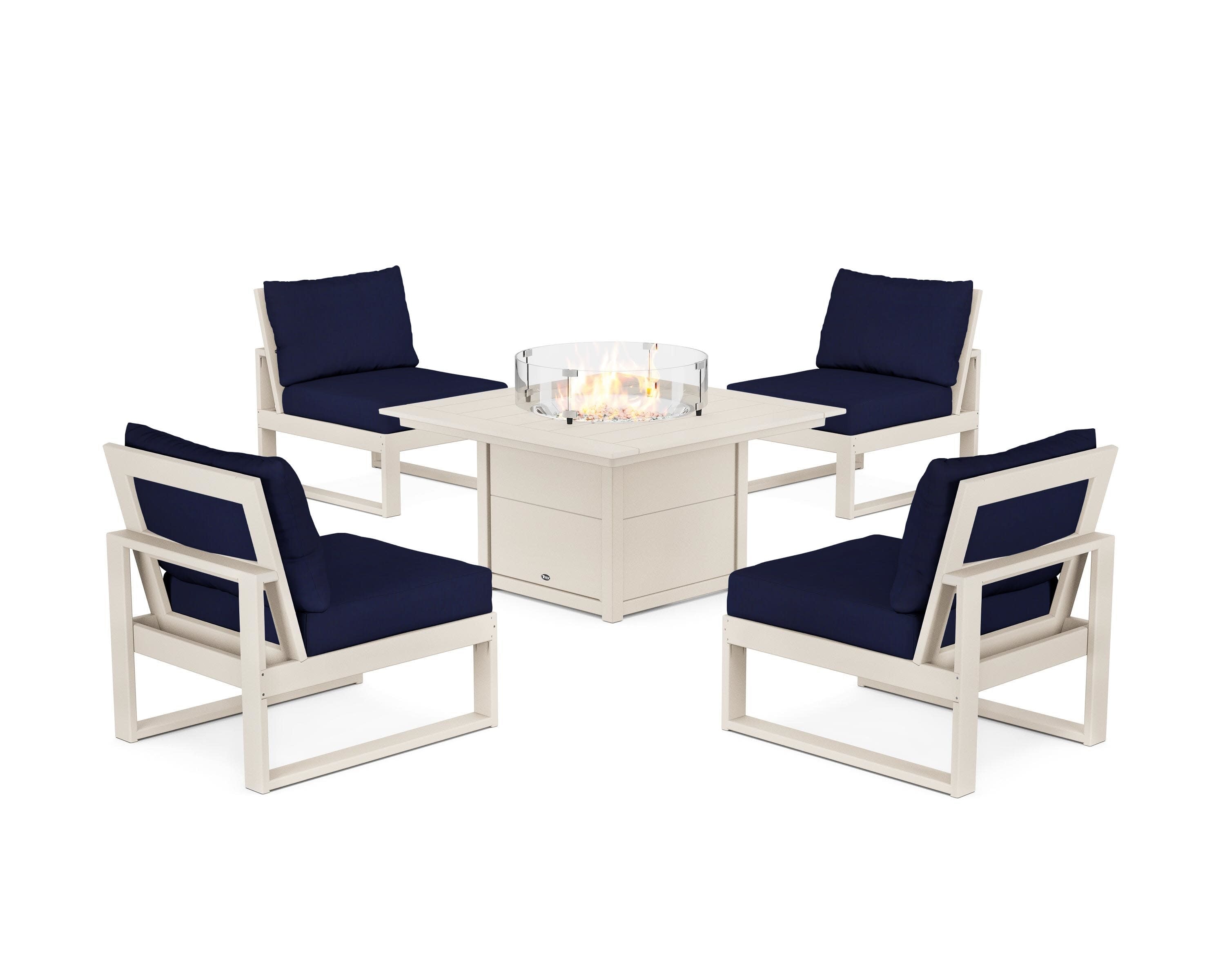 Eastport Modular 5-Piece Deep Seating Set with Square Fire Pit Table in Sand Castle / Navy