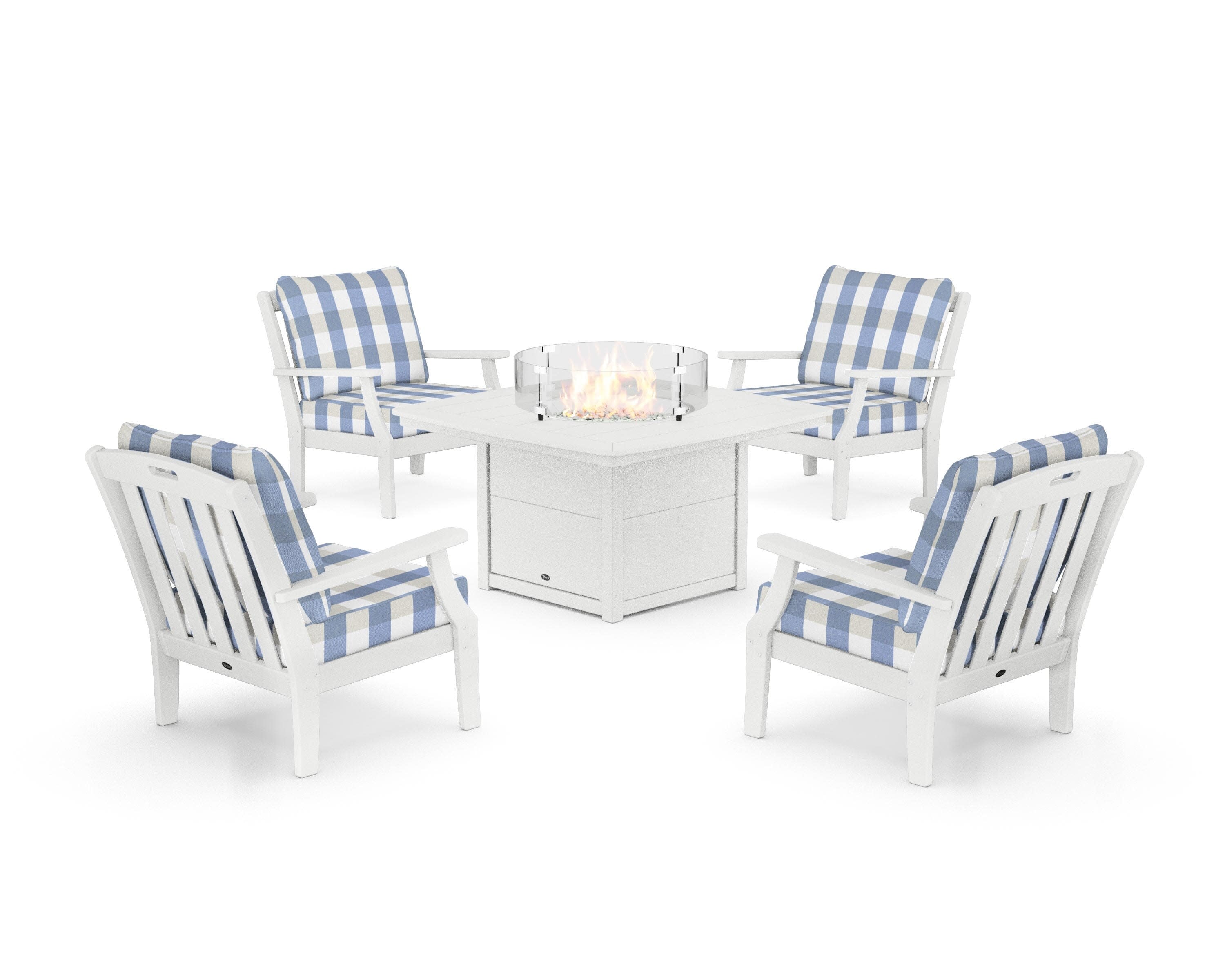 Yacht Club 5-Piece Deep Seating Set with Fire Pit Table in Classic White / Buffalo Plaid Sky Blue