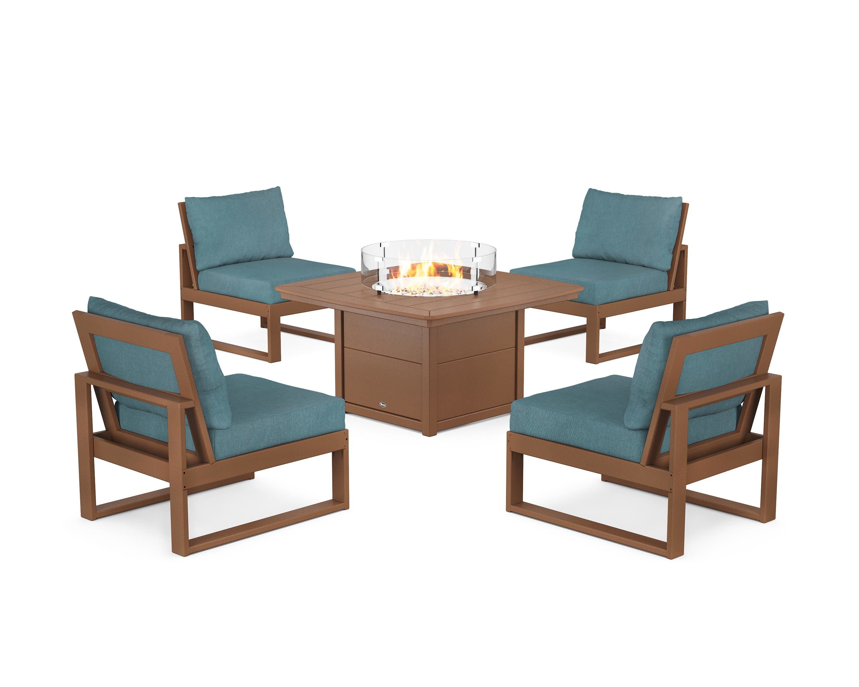 Eastport Modular 5-Piece Deep Seating Set with Yacht Club Fire Pit Table in Tree House / Ocean Teal