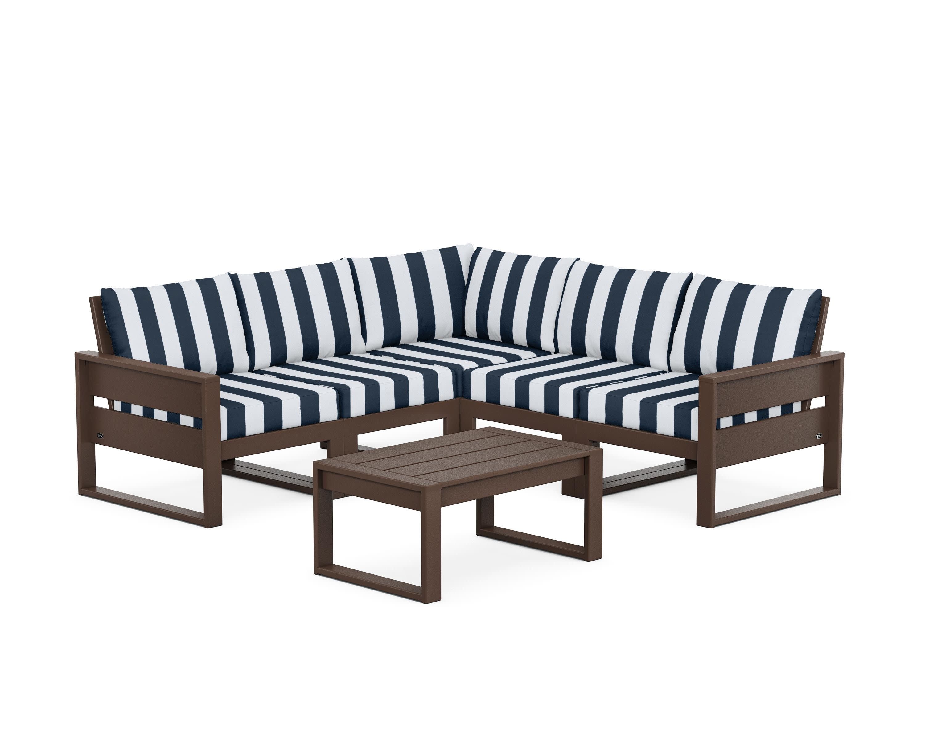 Eastport 6-Piece Deep Seating Sectional + Coffee Table Set in Vintage Lantern / Cabana Stripe Marine Indigo