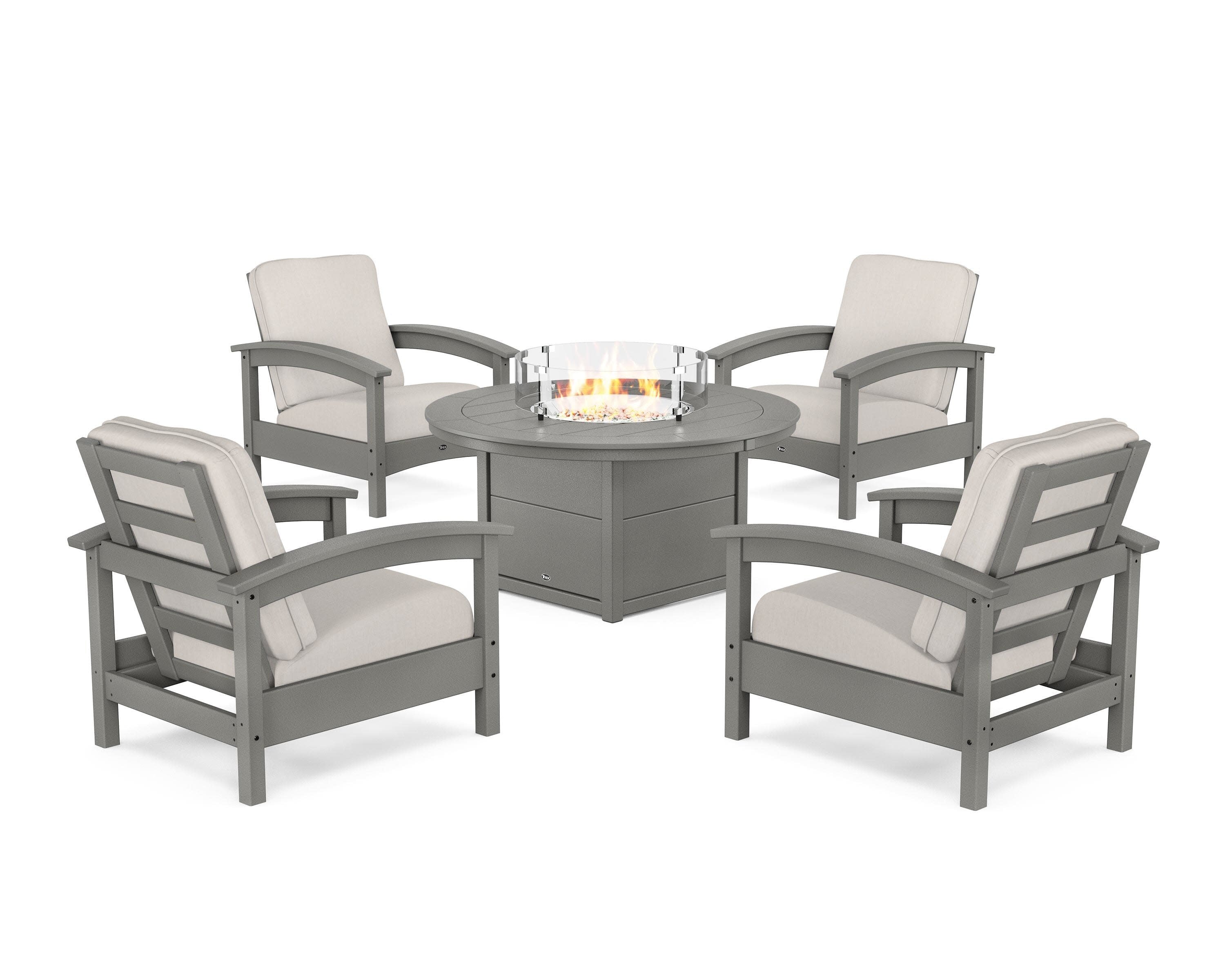 Rockport 5-Piece Deep Seating Set with Round Fire Pit Table in Stepping Stone / Cast Ash