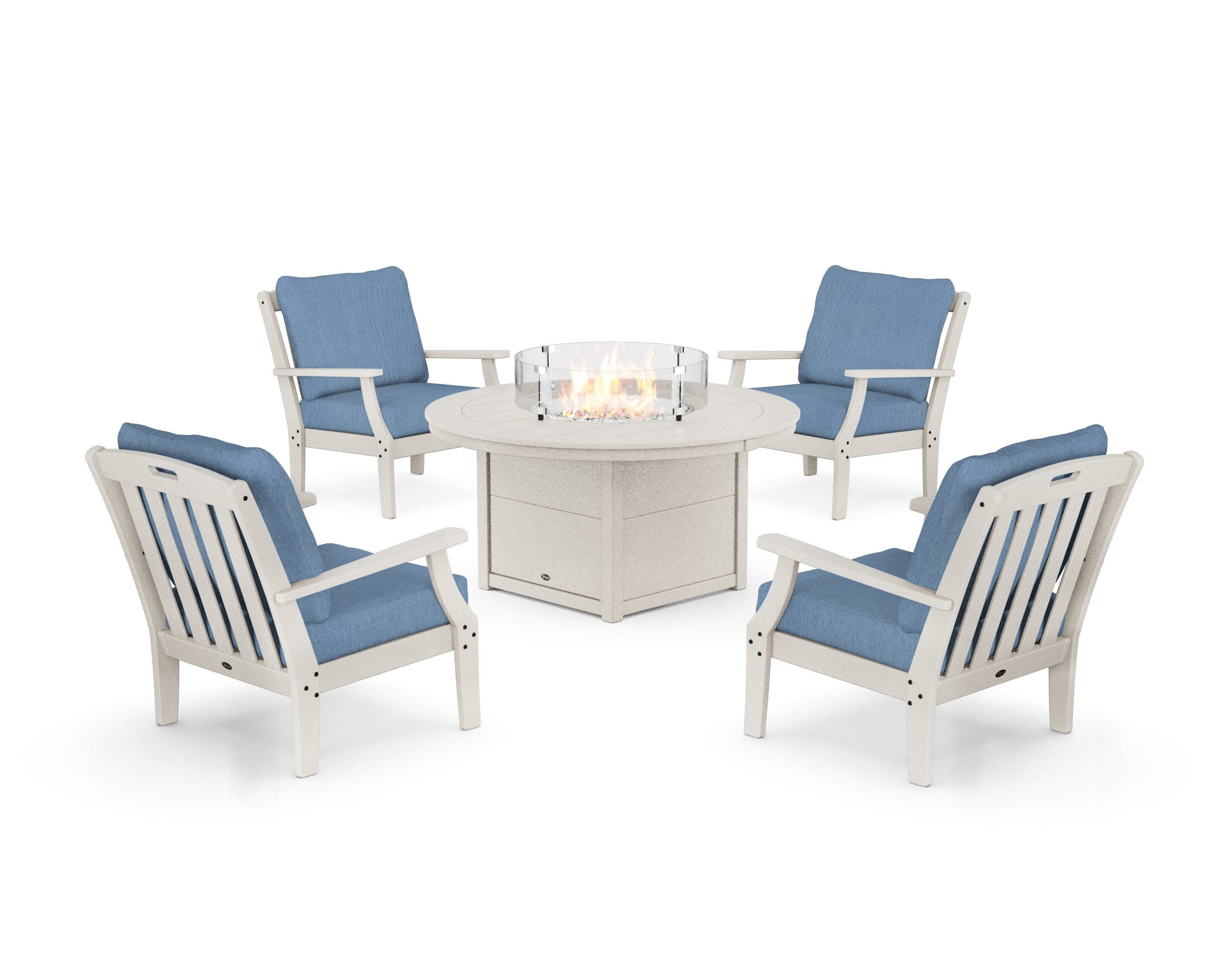 Yacht Club 5-Piece Deep Seating Set with Round Fire Pit Table in Sand Castle / Sky Blue