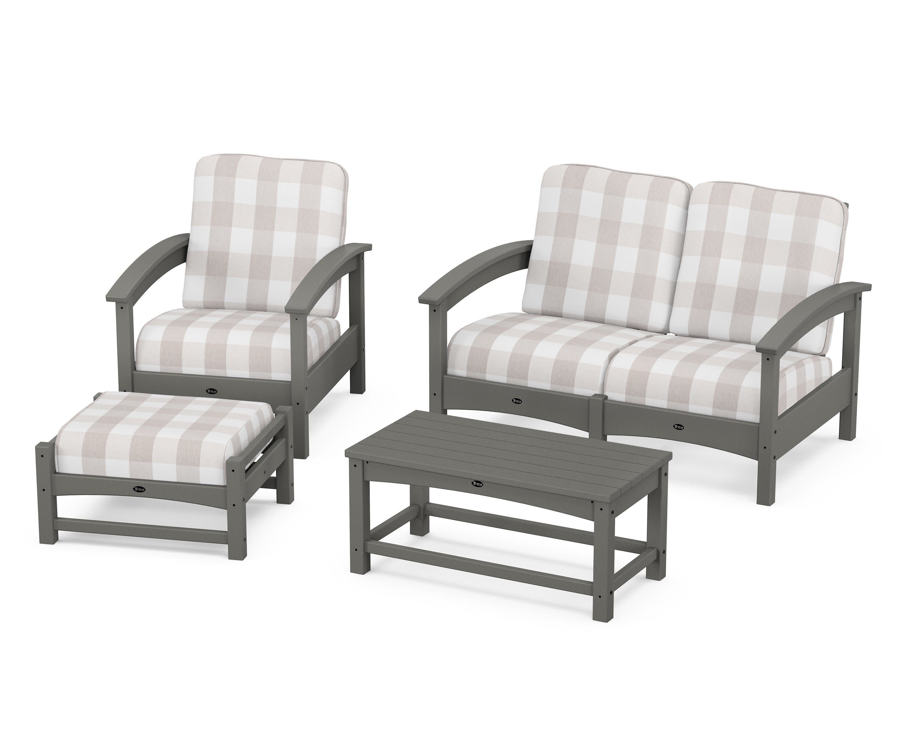 Rockport 4-Piece Deep Seating Conversation Group in Stepping Stone / Buffalo Plaid Dune Burlap