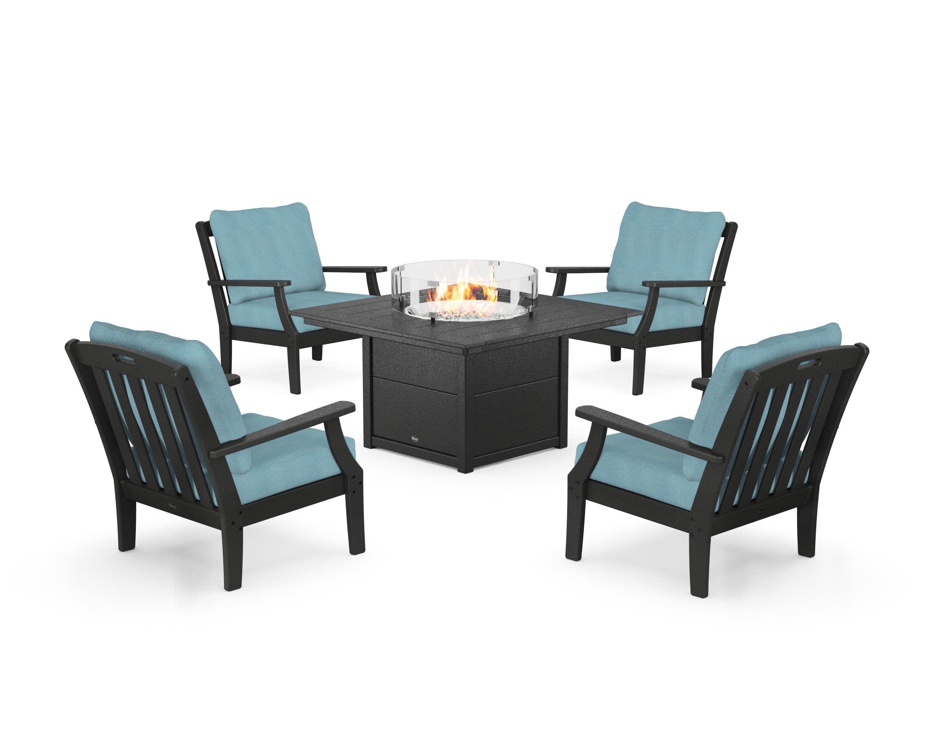 Yacht Club 5-Piece Deep Seating Set with Square Fire Pit Table in Charcoal Black / Lattice Sky Blue