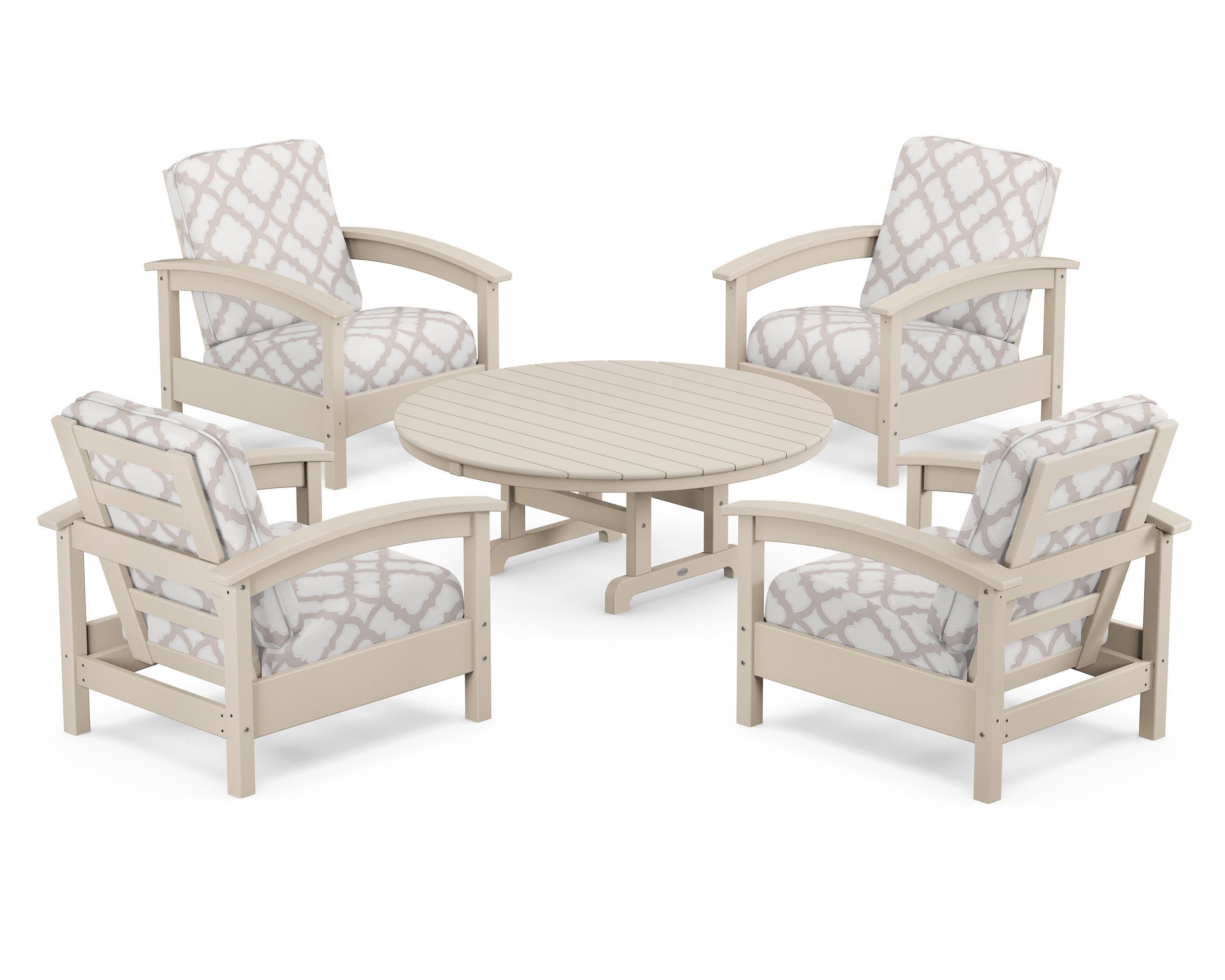 Rockport 5-Piece Deep Seating Set in Sand Castle / Trellis Dune Burlap