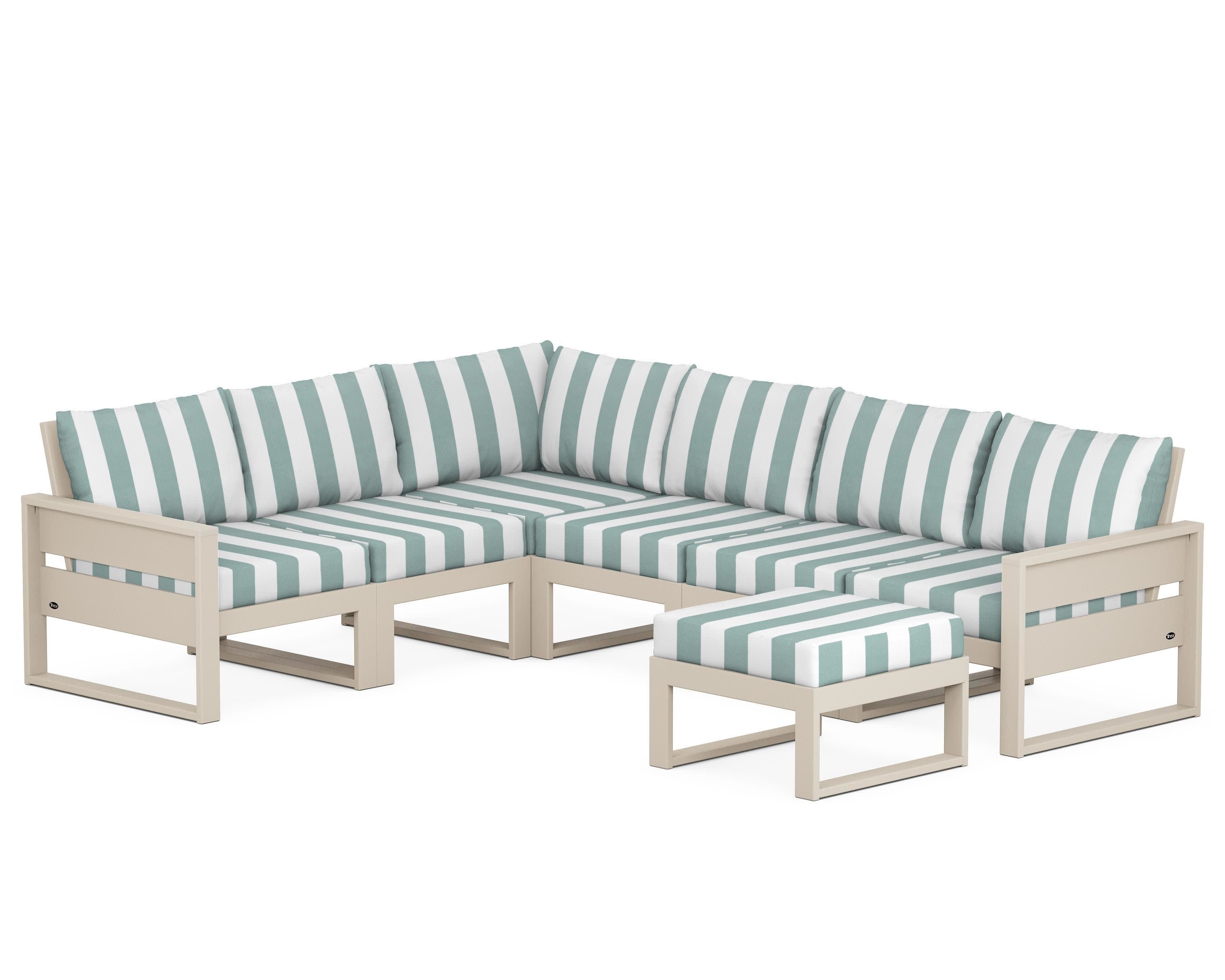 Eastport 6-Piece Sectional with Ottoman in Sand Castle / Cabana Stripe Glacier Spa