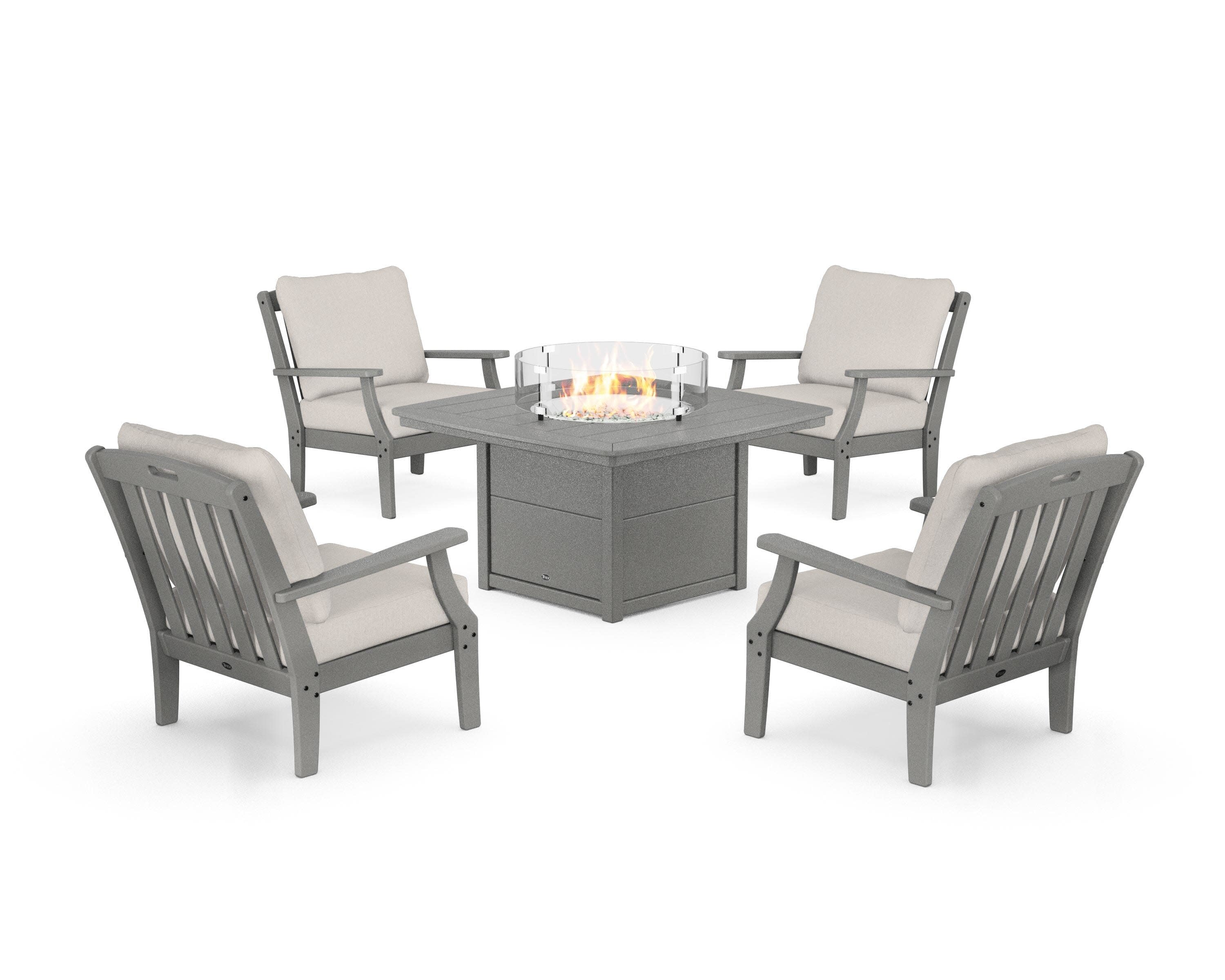 Yacht Club 5-Piece Deep Seating Set with Fire Pit Table in Stepping Stone / Cast Ash