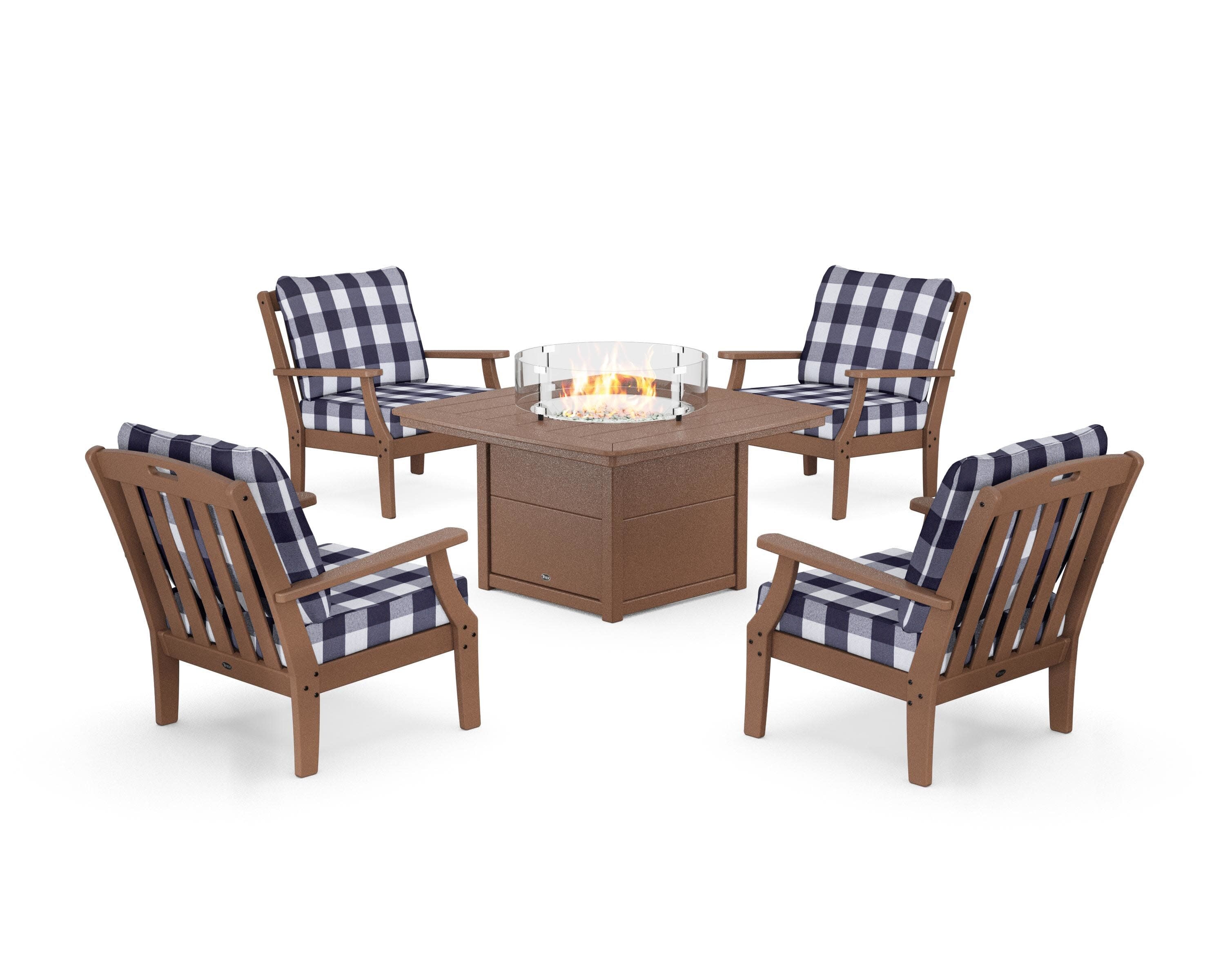 Yacht Club 5-Piece Deep Seating Set with Fire Pit Table in Tree House / Buffalo Plaid Navy