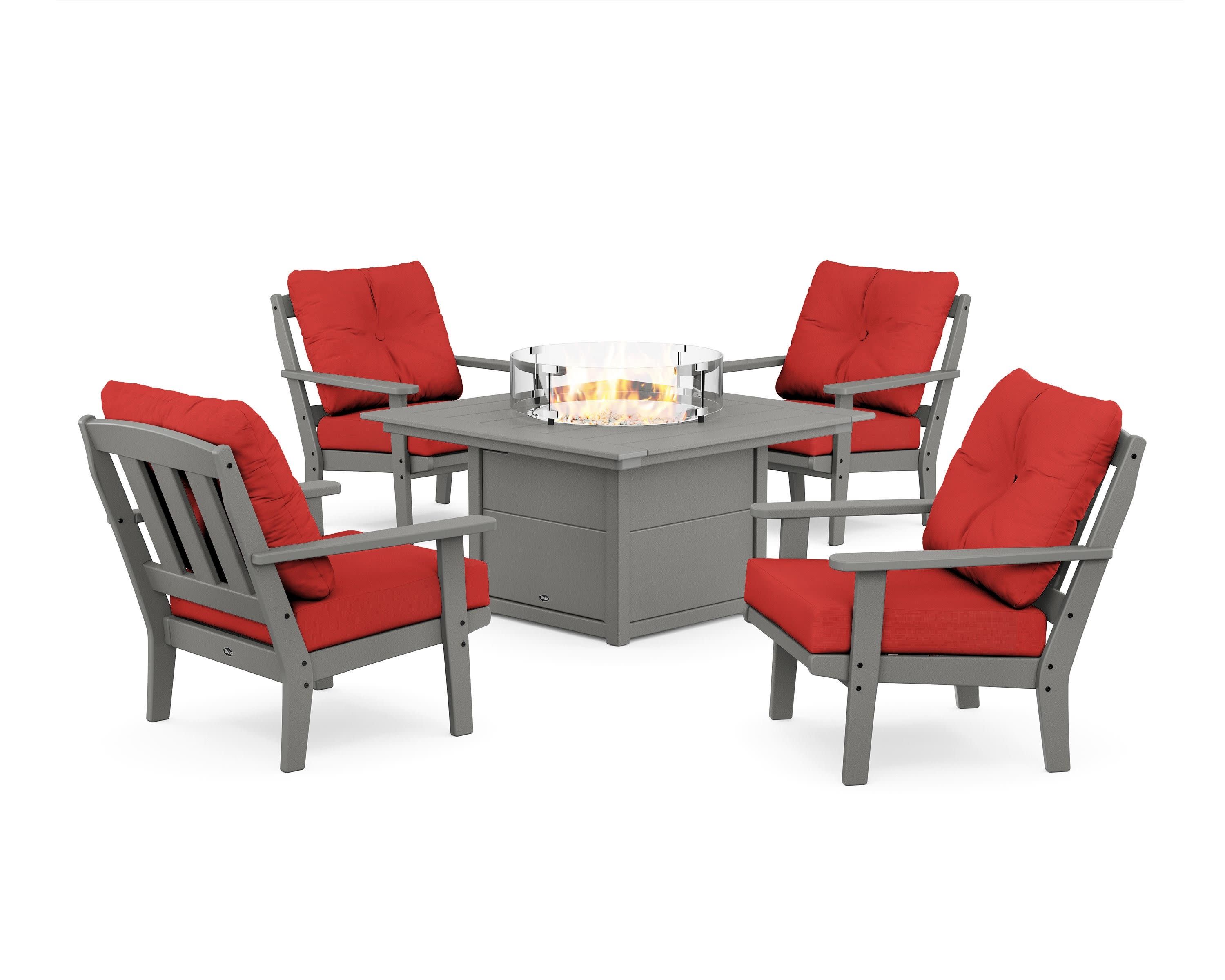 Cape Cod 5-Piece Deep Seating Set with Fire Pit Table in Stepping Stone / Crimson Linen