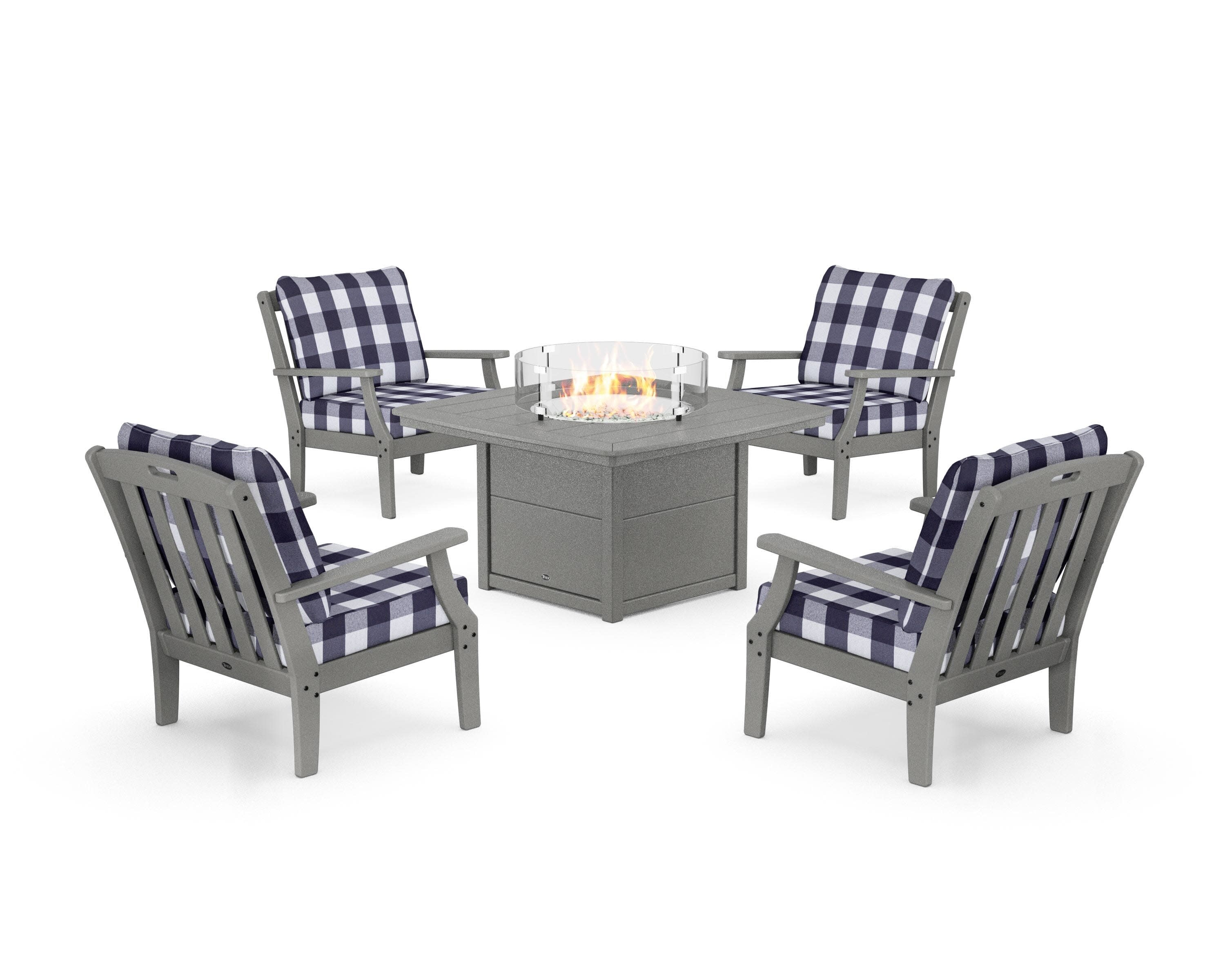 Yacht Club 5-Piece Deep Seating Set with Fire Pit Table in Stepping Stone / Buffalo Plaid Navy