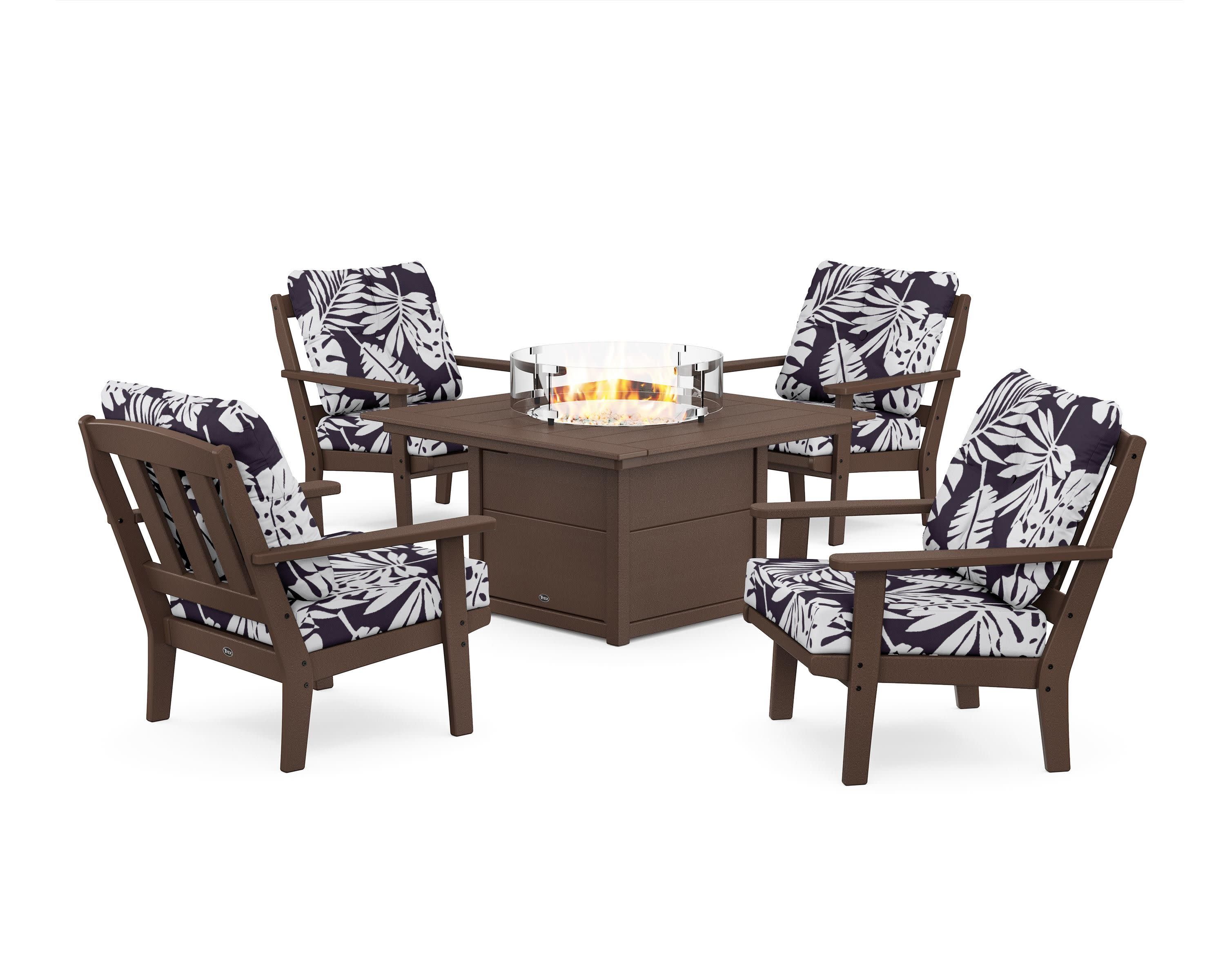 Cape Cod 5-Piece Deep Seating Set with Fire Pit Table in Vintage Lantern / Leaf Navy