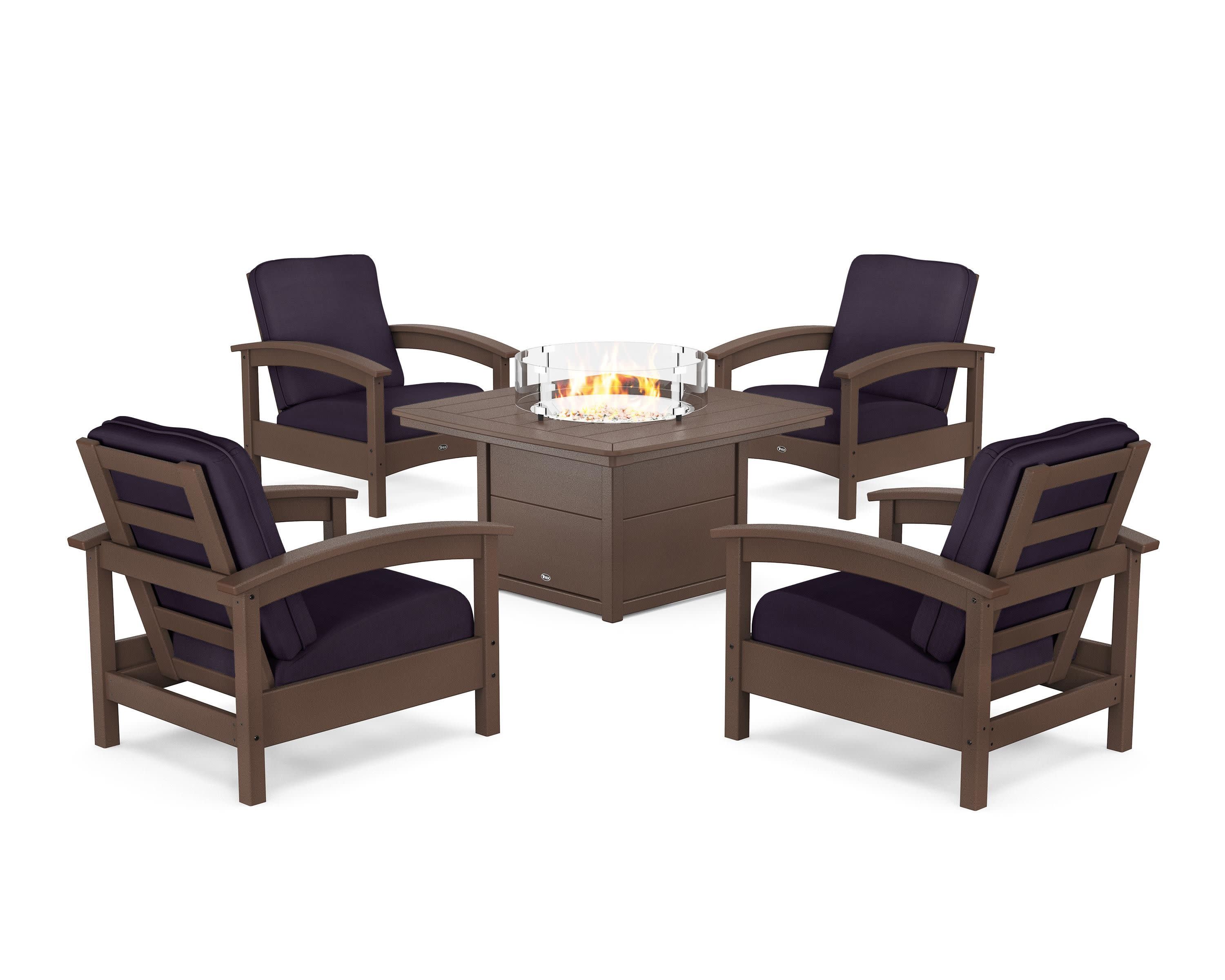 Rockport 5-Piece Deep Seating Set with Yacht Club Fire Pit Table in Vintage Lantern / Navy Linen