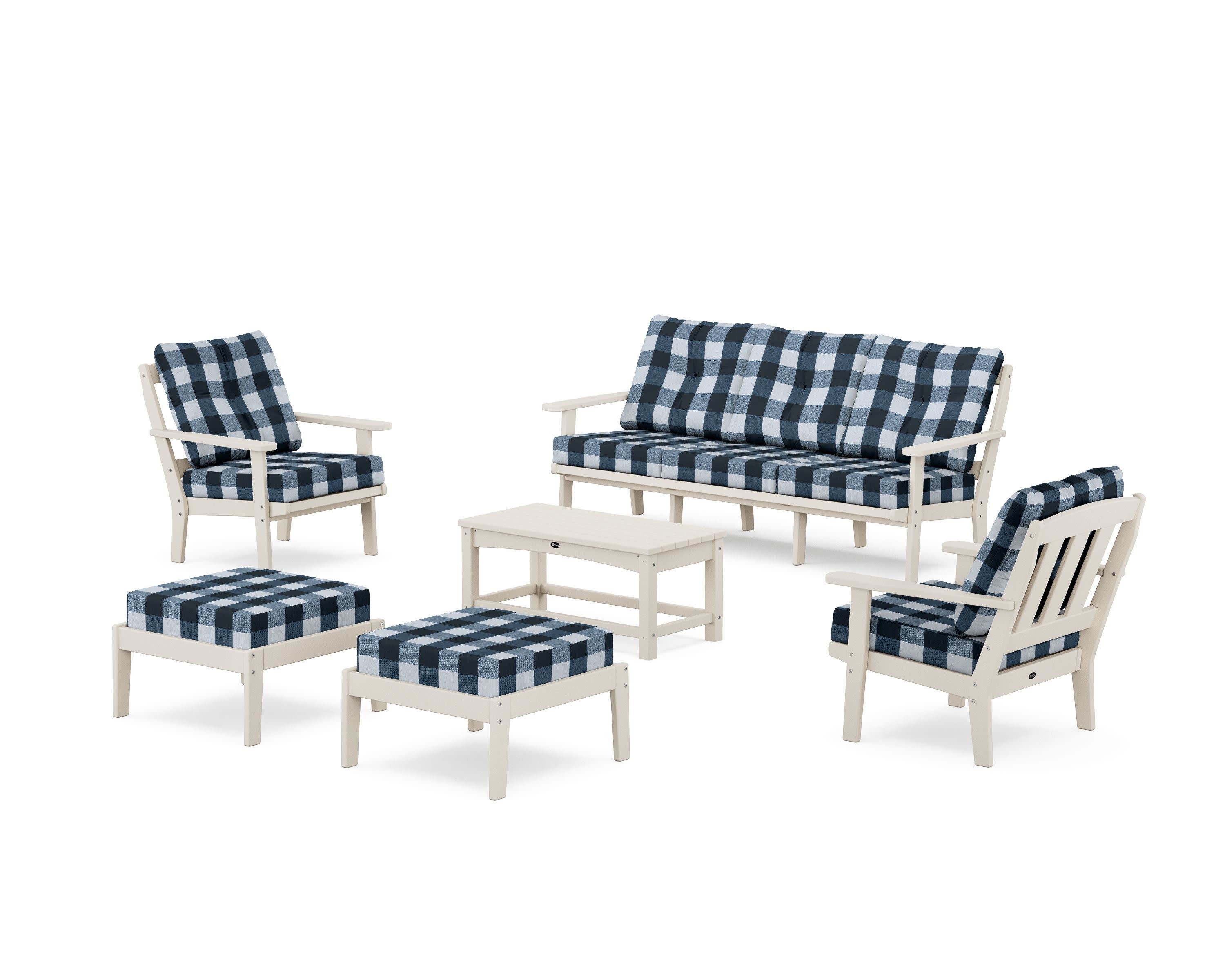 Cape Cod 6-Piece Lounge Sofa Set in Sand Castle / Buffalo Plaid Marine Indigo