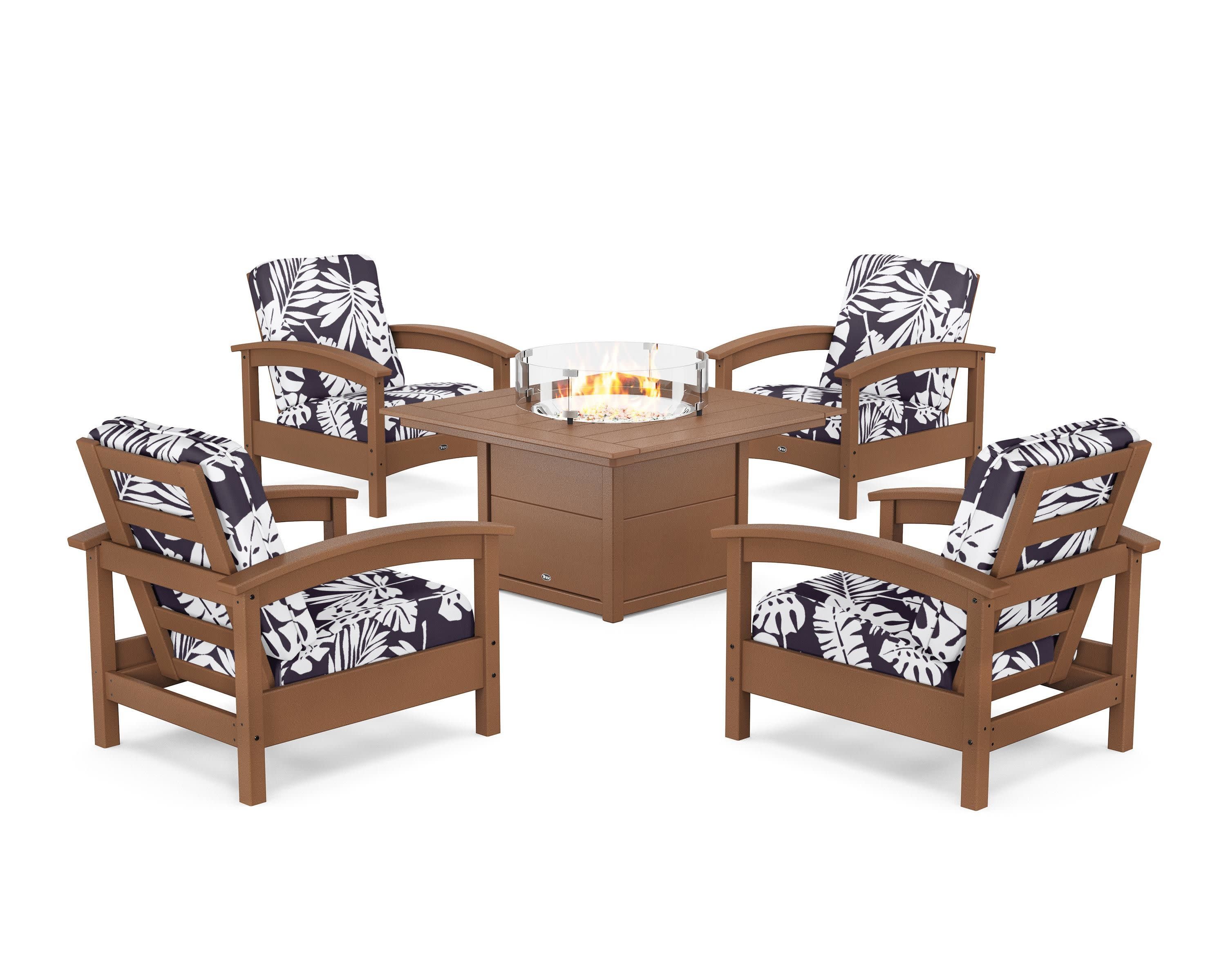 Rockport 5-Piece Deep Seating Set with Square Fire Pit Table in Tree House / Leaf Navy